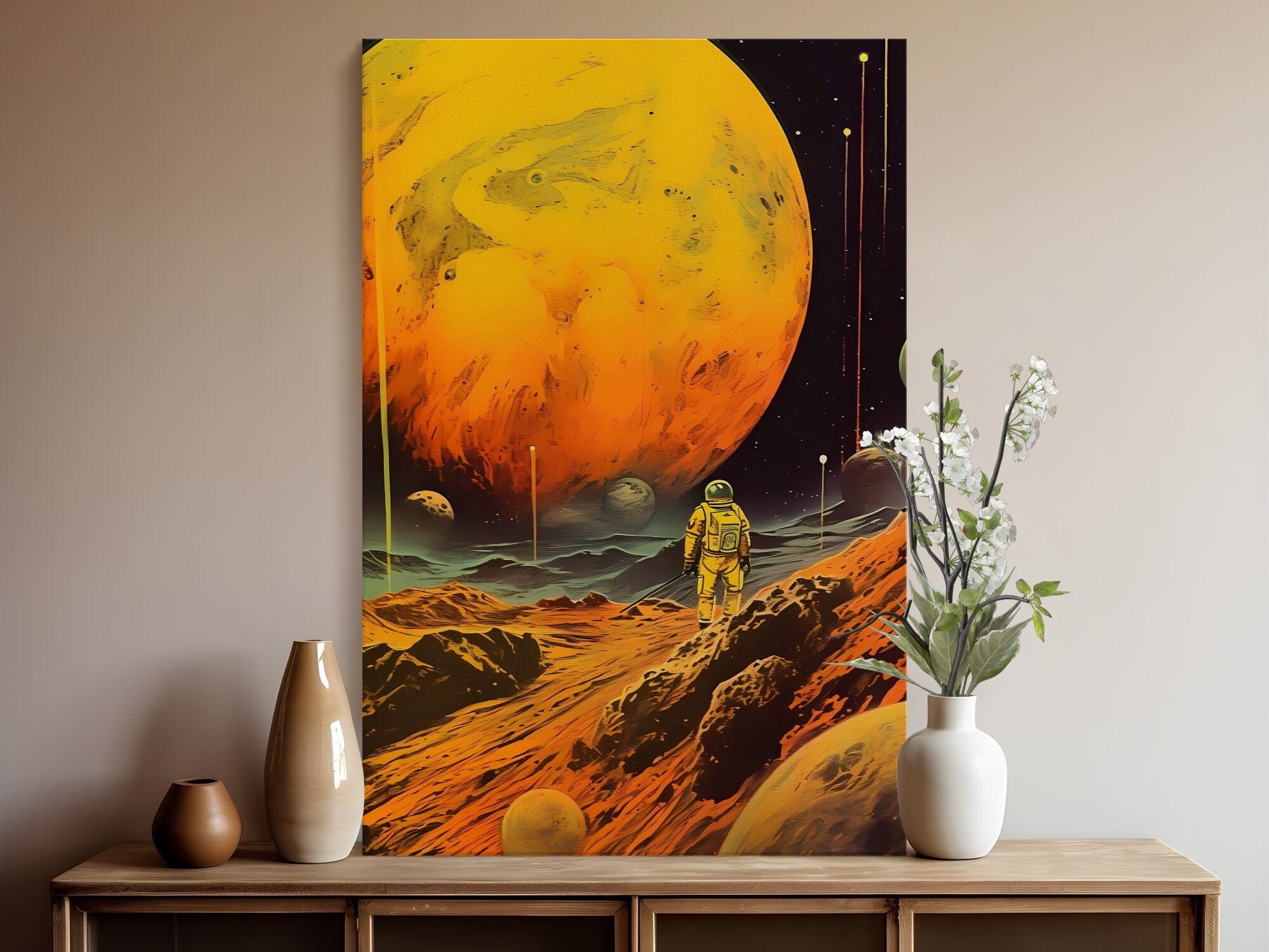 Golden Odyssey: 'Yellow Planet' - A Retro Futuristic Space Adventure with Vintage Astronaut, Modern Art, Retro Art, Wall Art, Cosmic Art