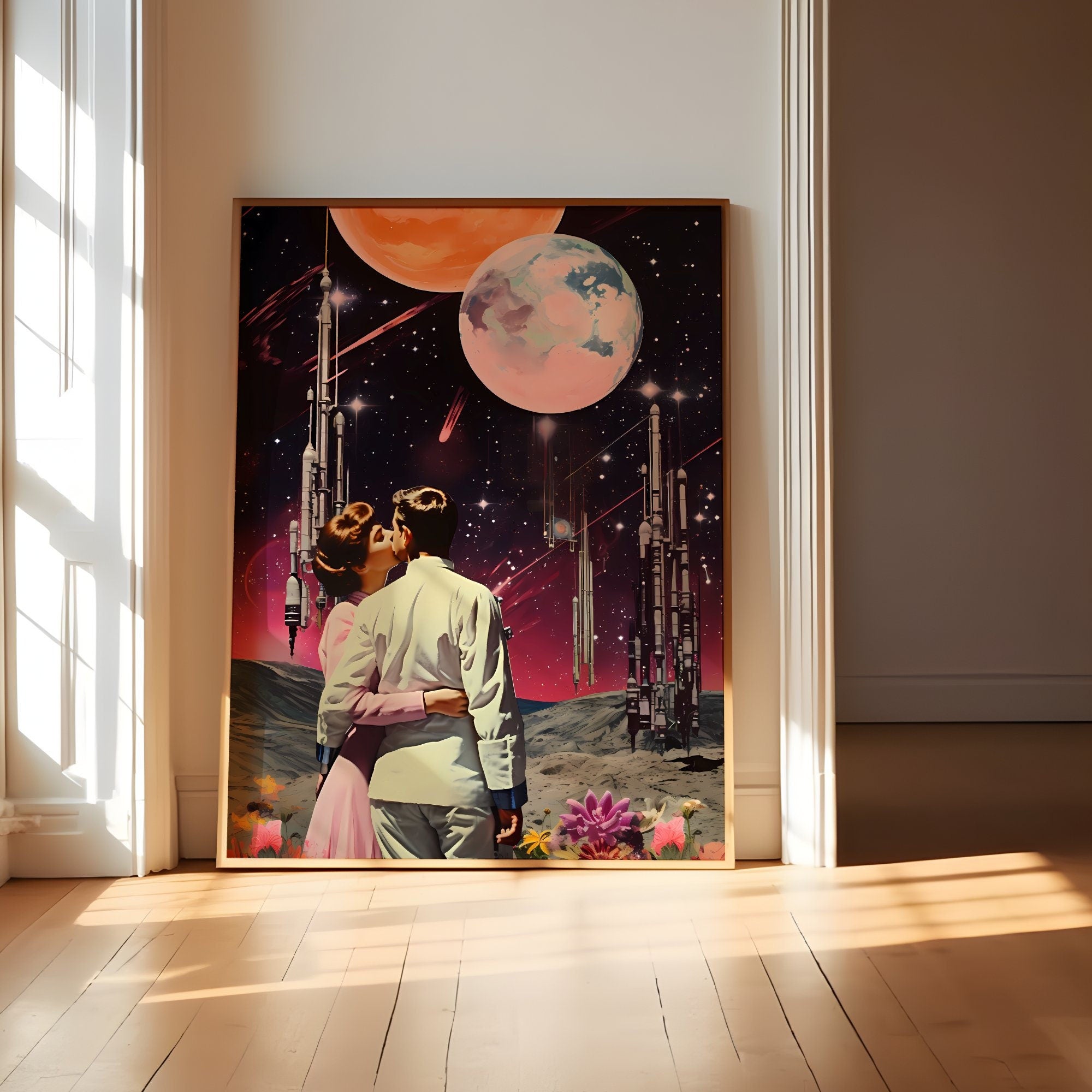 Stellar Embrace: 'A Cosmic Kiss' under a Starry Sky in Vintage Retro Futuristic Art, Modern Art, Retro Art, Wall Art, Cosmic Art, Sci Fi Art