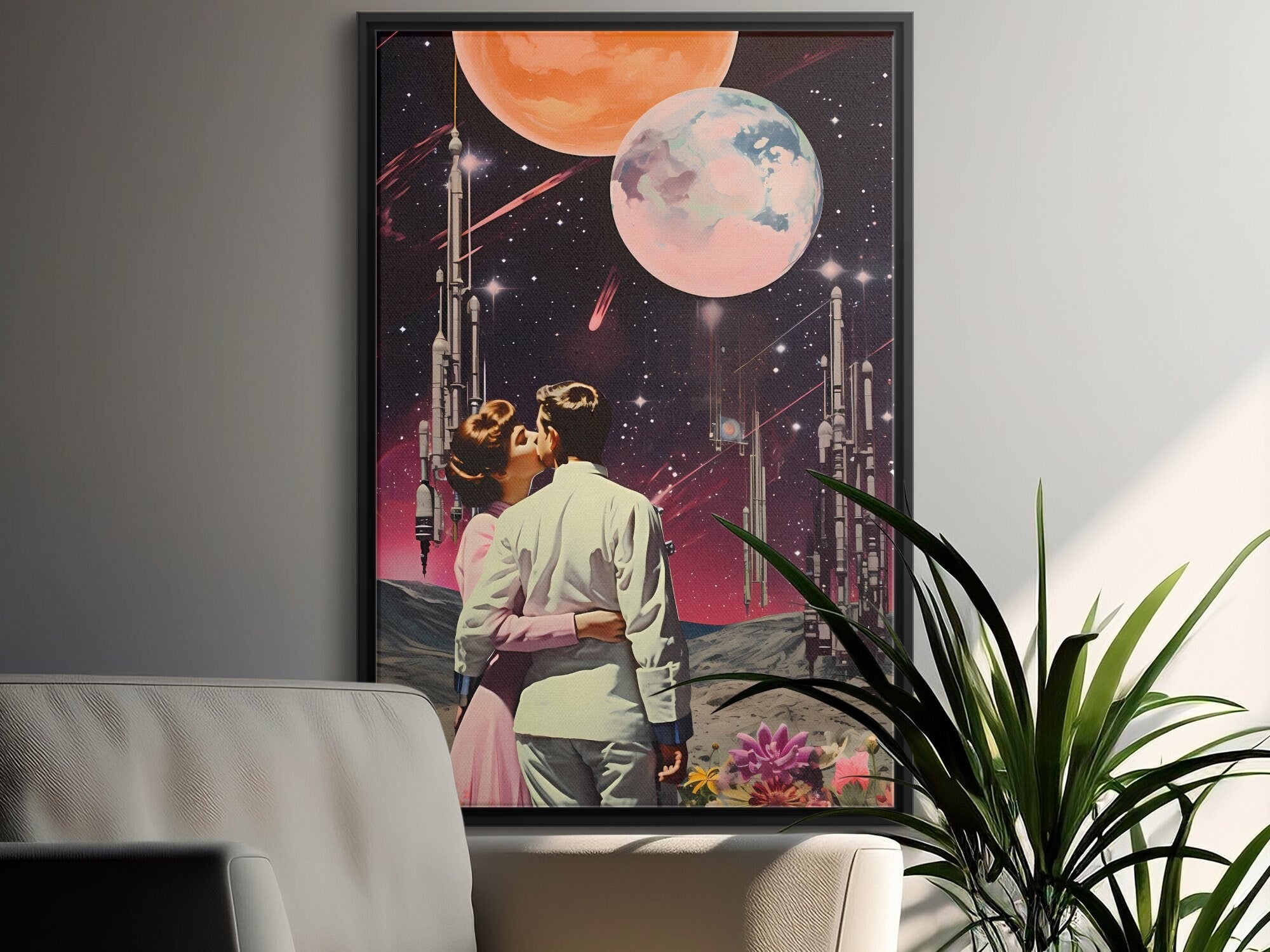 Stellar Embrace: 'A Cosmic Kiss' under a Starry Sky in Vintage Retro Futuristic Art, Modern Art, Retro Art, Wall Art, Cosmic Art, Sci Fi Art