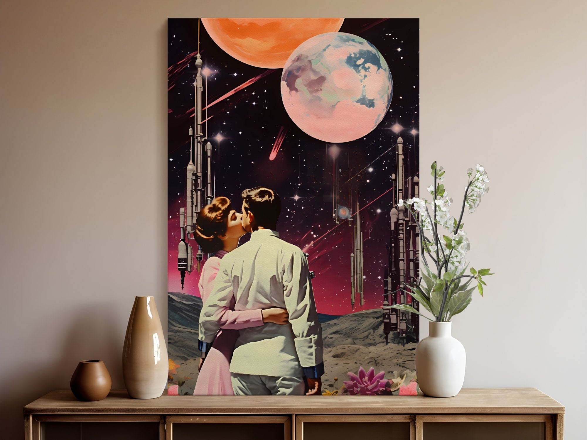 Stellar Embrace: 'A Cosmic Kiss' under a Starry Sky in Vintage Retro Futuristic Art, Modern Art, Retro Art, Wall Art, Cosmic Art, Sci Fi Art