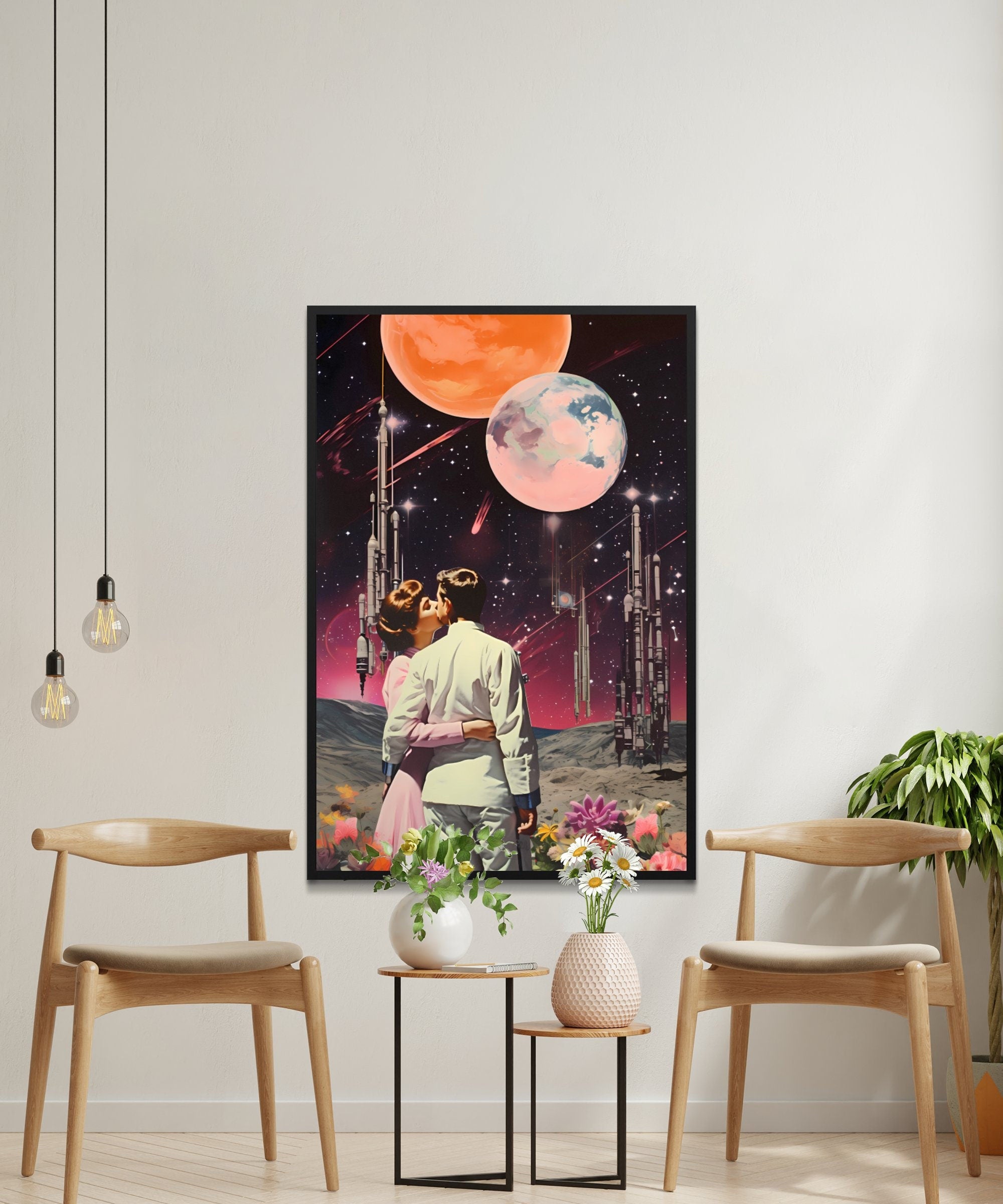 Stellar Embrace: 'A Cosmic Kiss' under a Starry Sky in Vintage Retro Futuristic Art, Modern Art, Retro Art, Wall Art, Cosmic Art, Sci Fi Art