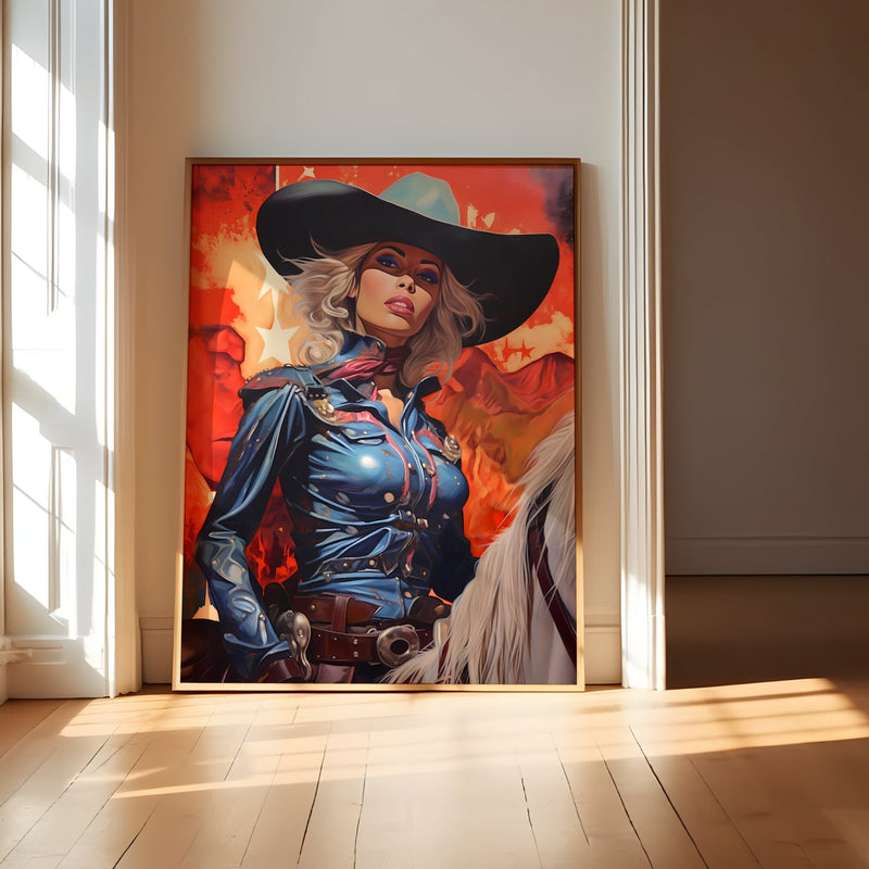 Retro Sci-Fi Cowgirl Art – Cosmic Collage Surreal Western Wall Decor Poster