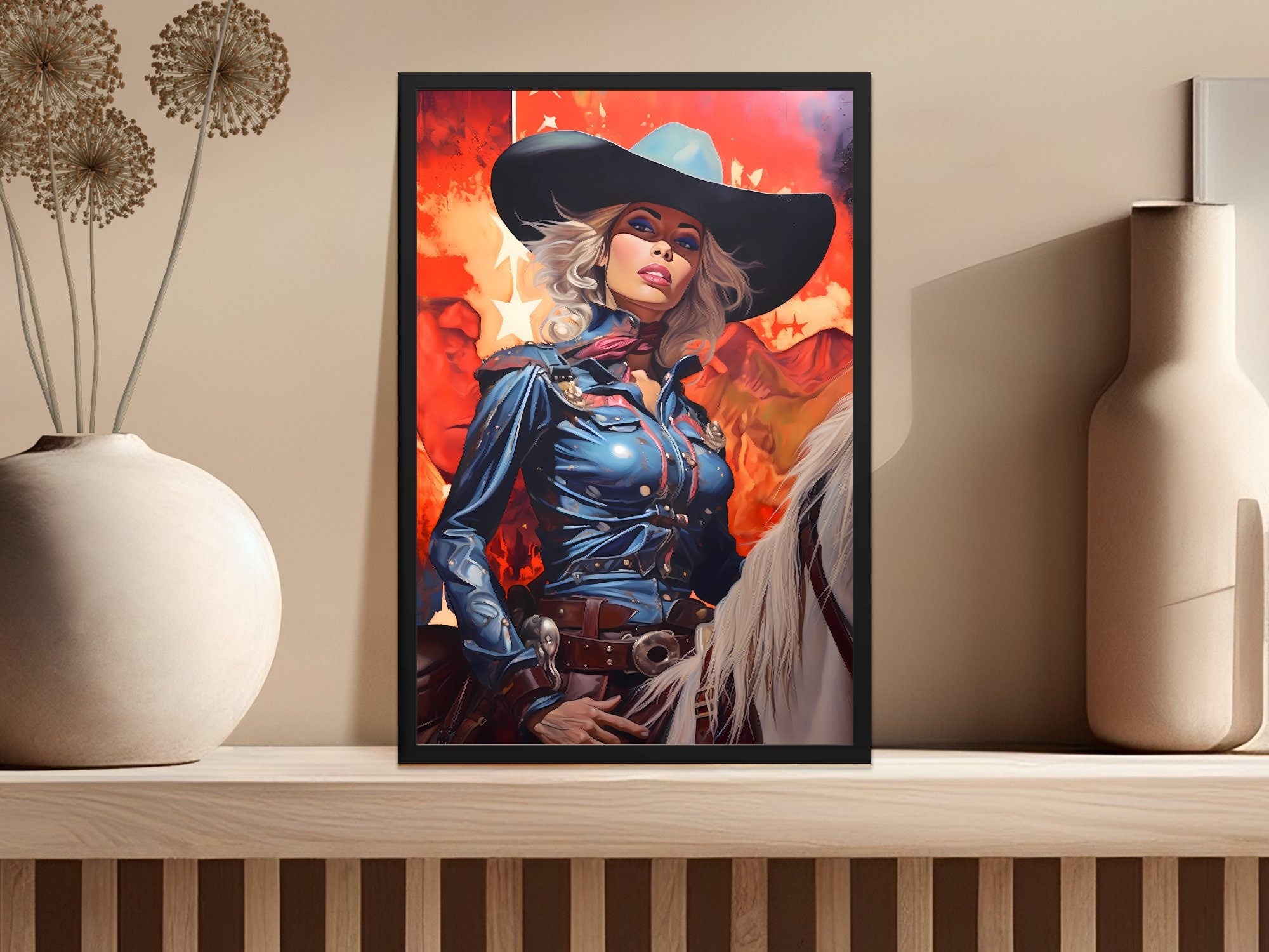 Cosmic Cowgirl: A Surreal Journey in Vintage Western Art with a Retro Space Twist, Modern Art, Retro Art, Wall Art, Cosmic Art, Sci Fi Art