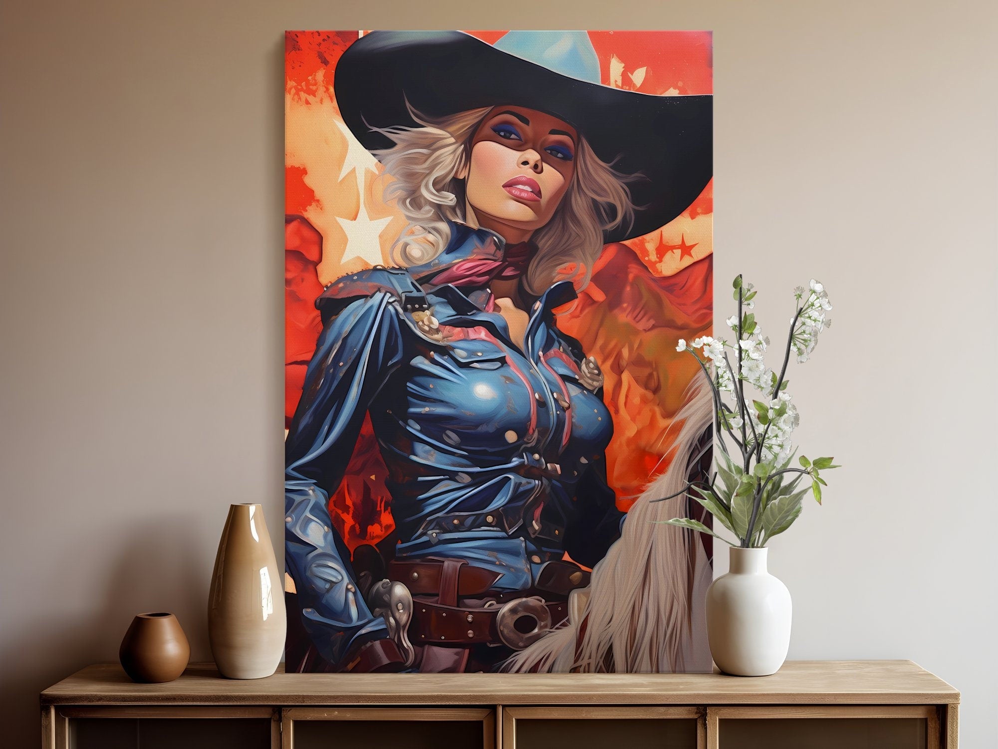 Cosmic Cowgirl: A Surreal Journey in Vintage Western Art with a Retro Space Twist, Modern Art, Retro Art, Wall Art, Cosmic Art, Sci Fi Art