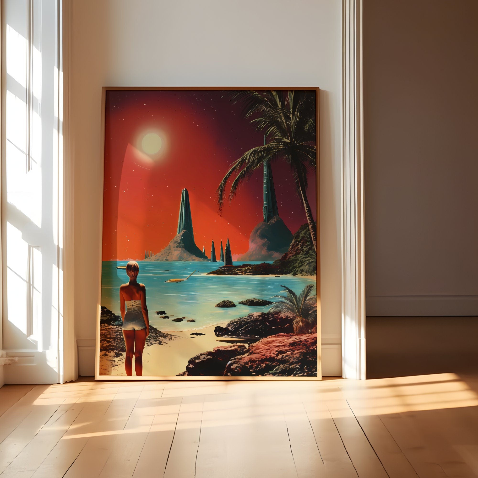 Stellar Sands: A Retro Futuristic Journey to a Cosmic Beach in Vintage Space Collage Art, Modern Art, Retro Art, Wall Art, Cosmic Art