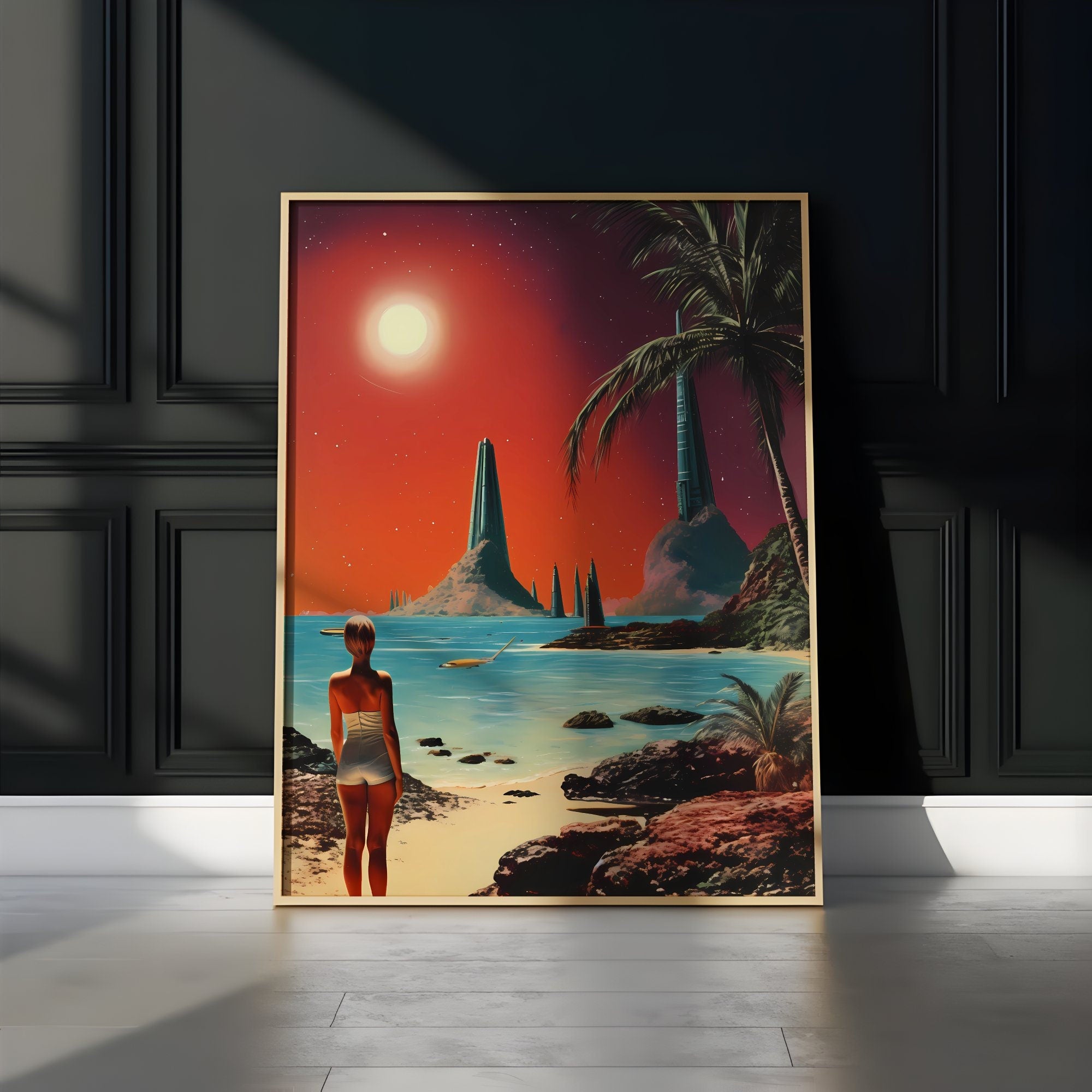 Stellar Sands: A Retro Futuristic Journey to a Cosmic Beach in Vintage Space Collage Art, Modern Art, Retro Art, Wall Art, Cosmic Art