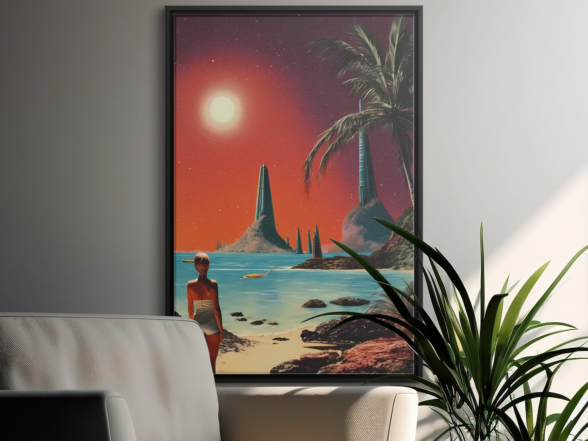 Stellar Sands: A Retro Futuristic Journey to a Cosmic Beach in Vintage Space Collage Art, Modern Art, Retro Art, Wall Art, Cosmic Art