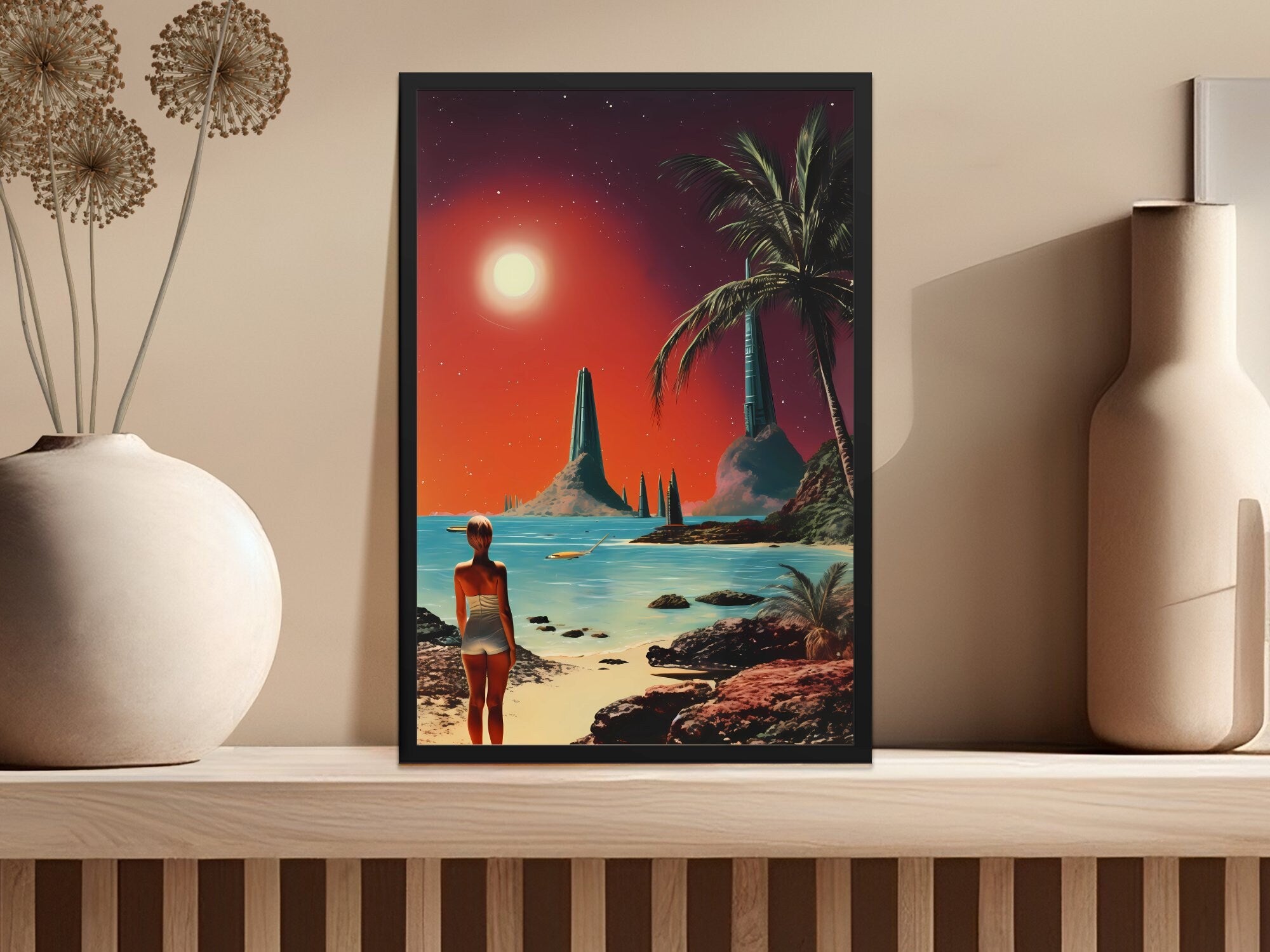 Stellar Sands: A Retro Futuristic Journey to a Cosmic Beach in Vintage Space Collage Art, Modern Art, Retro Art, Wall Art, Cosmic Art