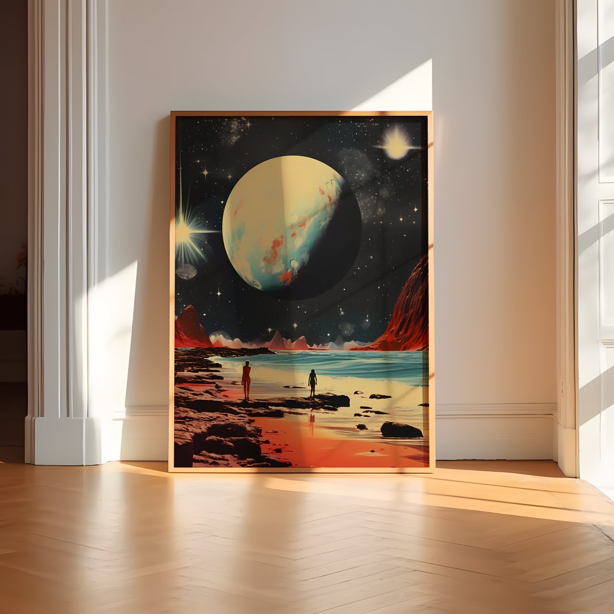 Celestial Shoreline: Retro Sci-Fi Space Beach | Surreal Cosmic Collage Art