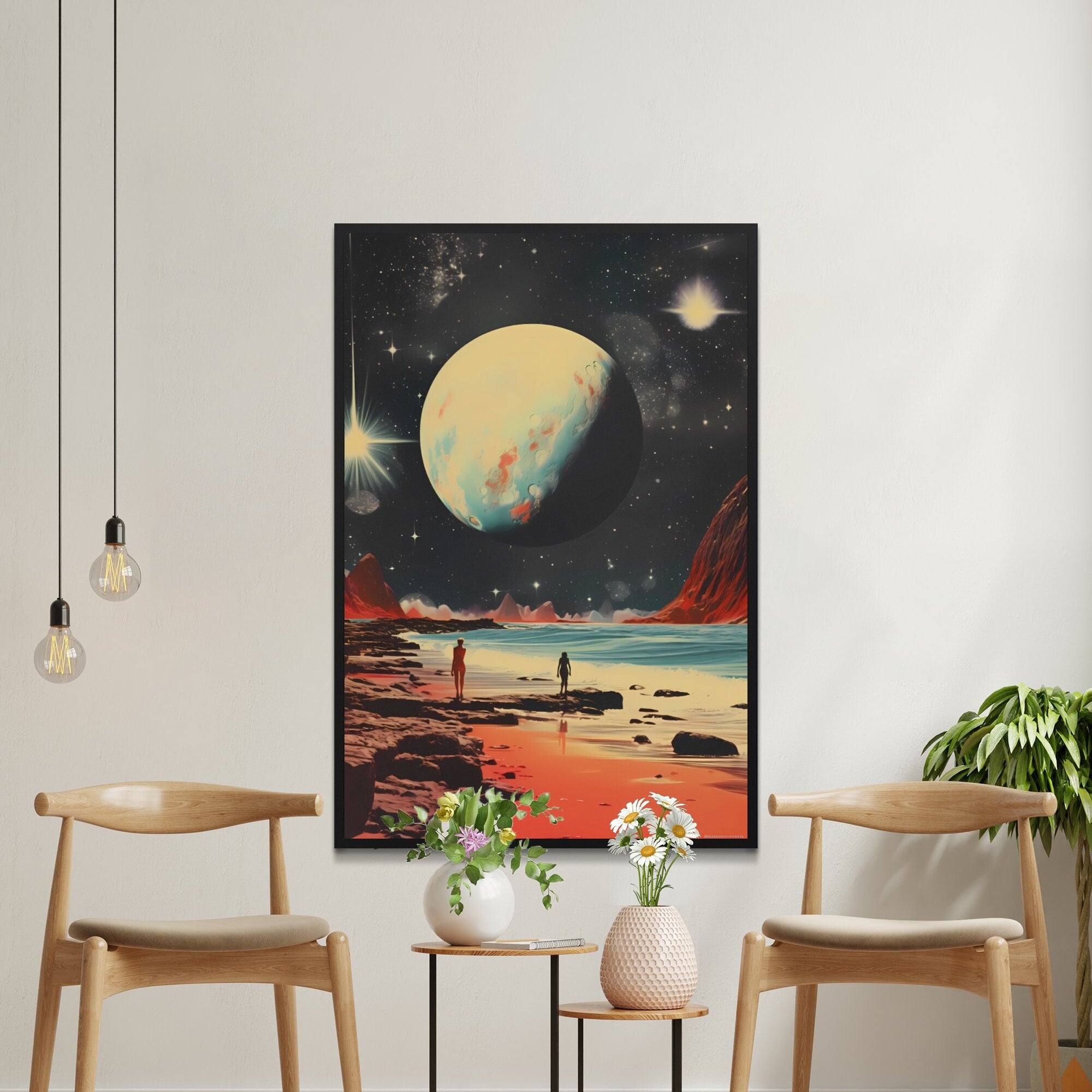 Celestial Shoreline: Retro Space Art Meets Vintage Collage in Cosmic Beach Design, Modern Art, Retro Art, Wall Art, Cosmic Art, Sci Fi Art