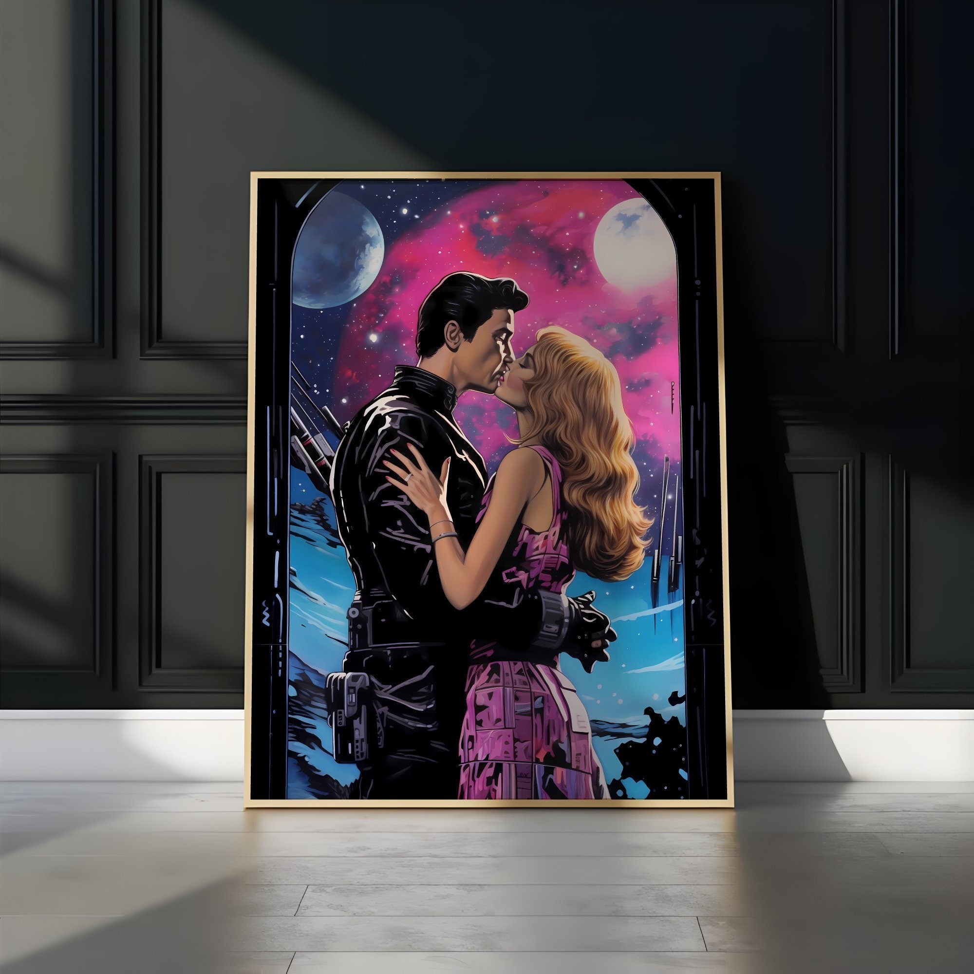 A Kiss in Space: Retro Sci-Fi Romance Art | Vintage & Otherworldly Wall Decor