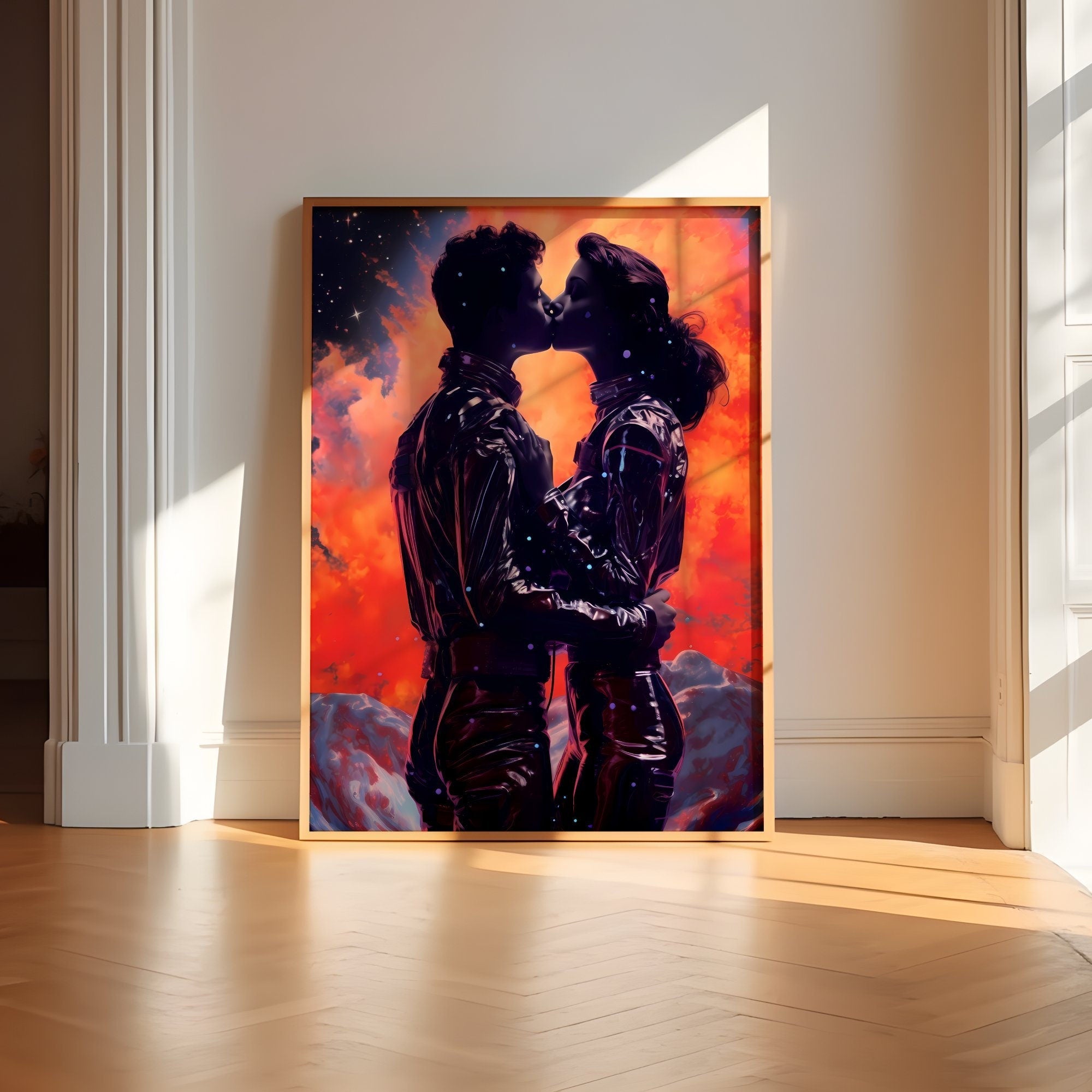 Cosmic Kiss: Retro Sci-Fi Comic Explosion Art | Vintage & Passionate Wall Decor