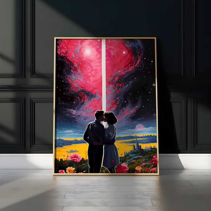 Retro Sci-Fi Art - Vintage Space Art | Cosmic Romance Print With Pink Stars Poster