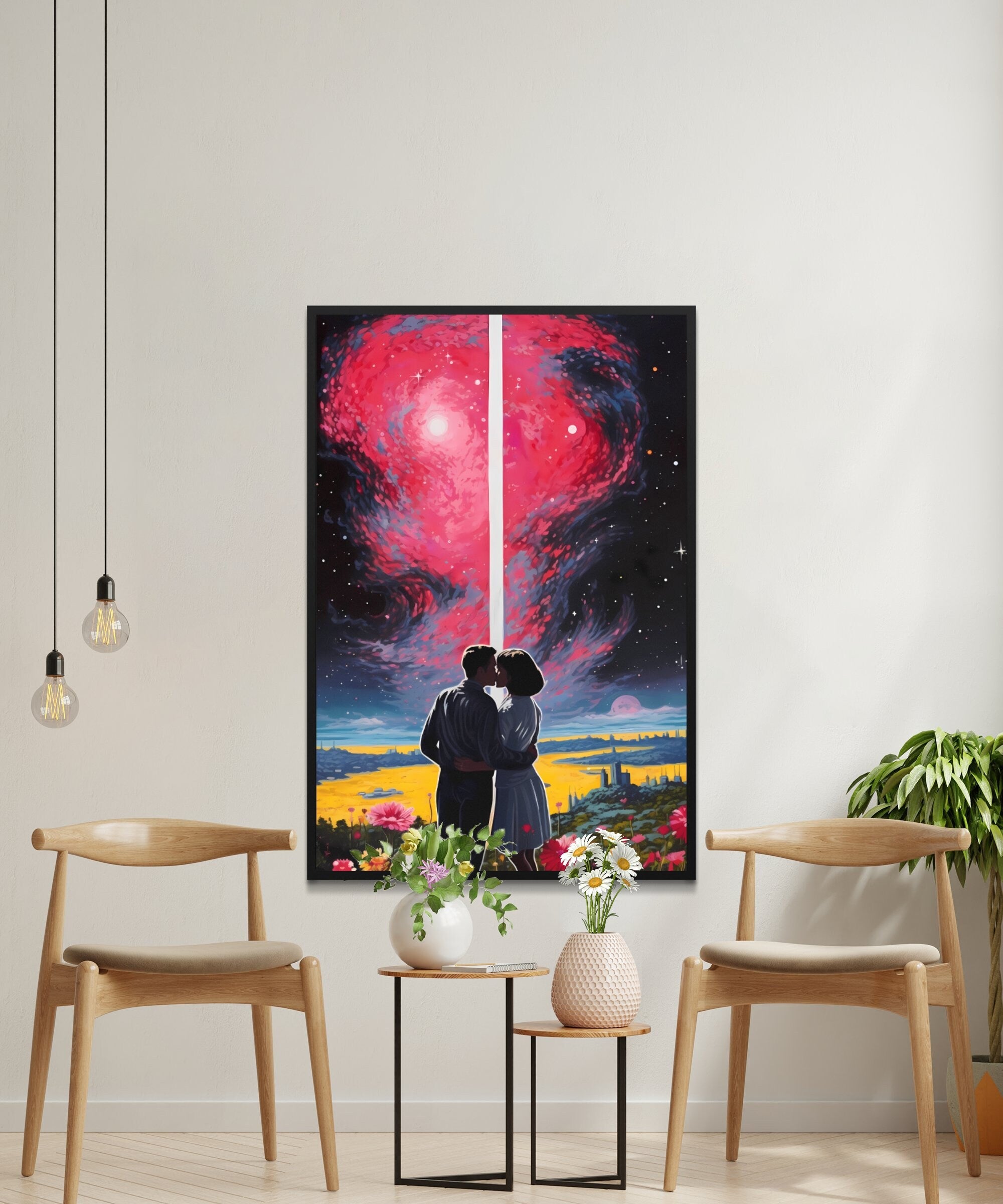 Pink Stars: A Cosmic Kiss Under the Starry Sky - Vintage Sci-Fi Wall Art, Modern Art, Retro Art, Wall Art, Cosmic Art, Sci Fi Art