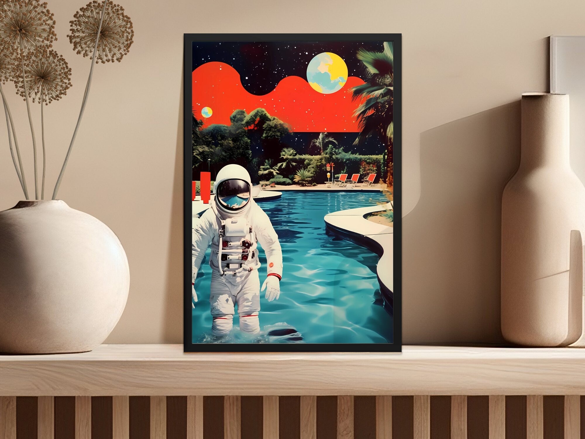 Poolside in the Cosmos Mid-Century Modern Meets Space Adventure in Astronaut Interactive Wall Art