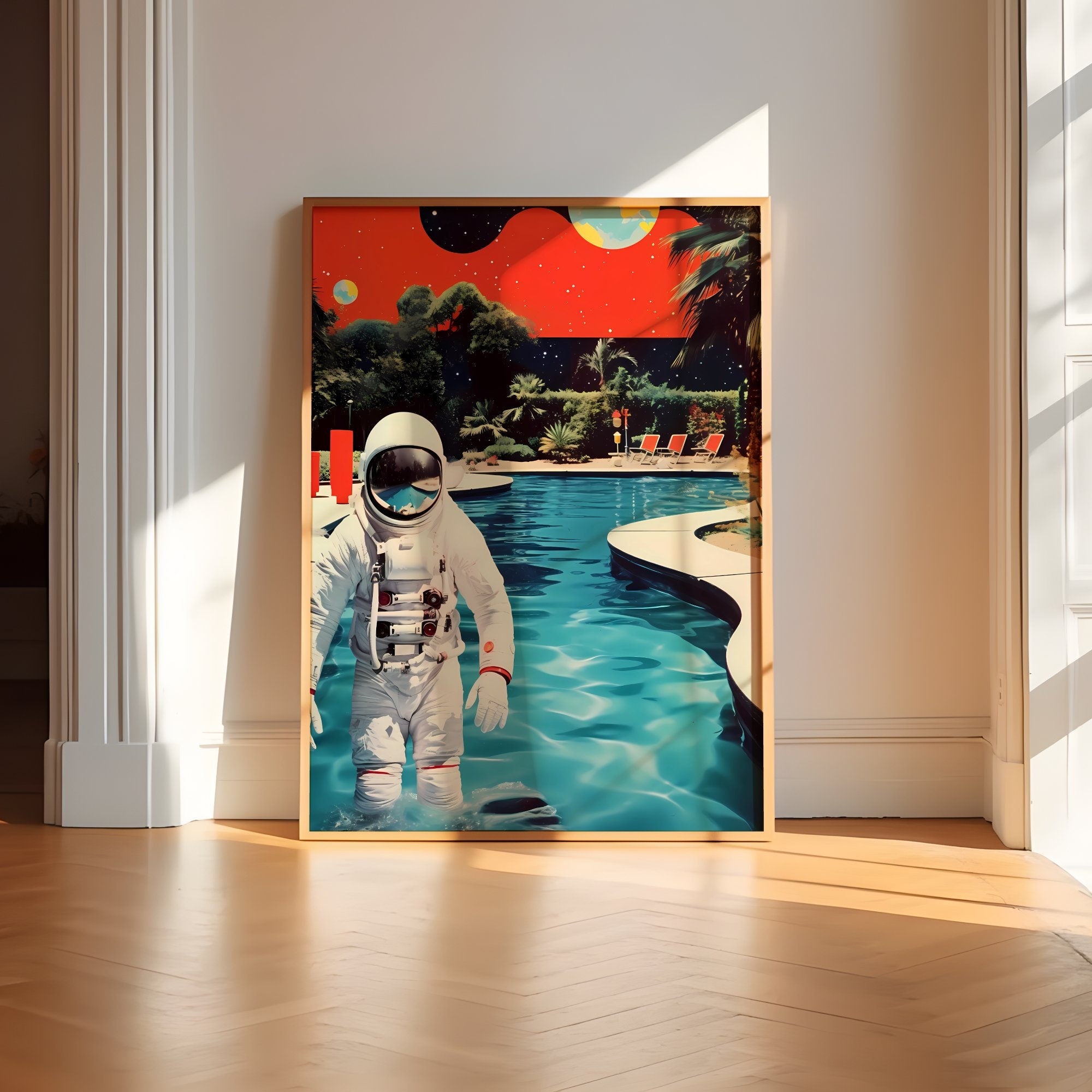 Poolside in the Cosmos Mid-Century Modern Meets Space Adventure in Astronaut Interactive Wall Art