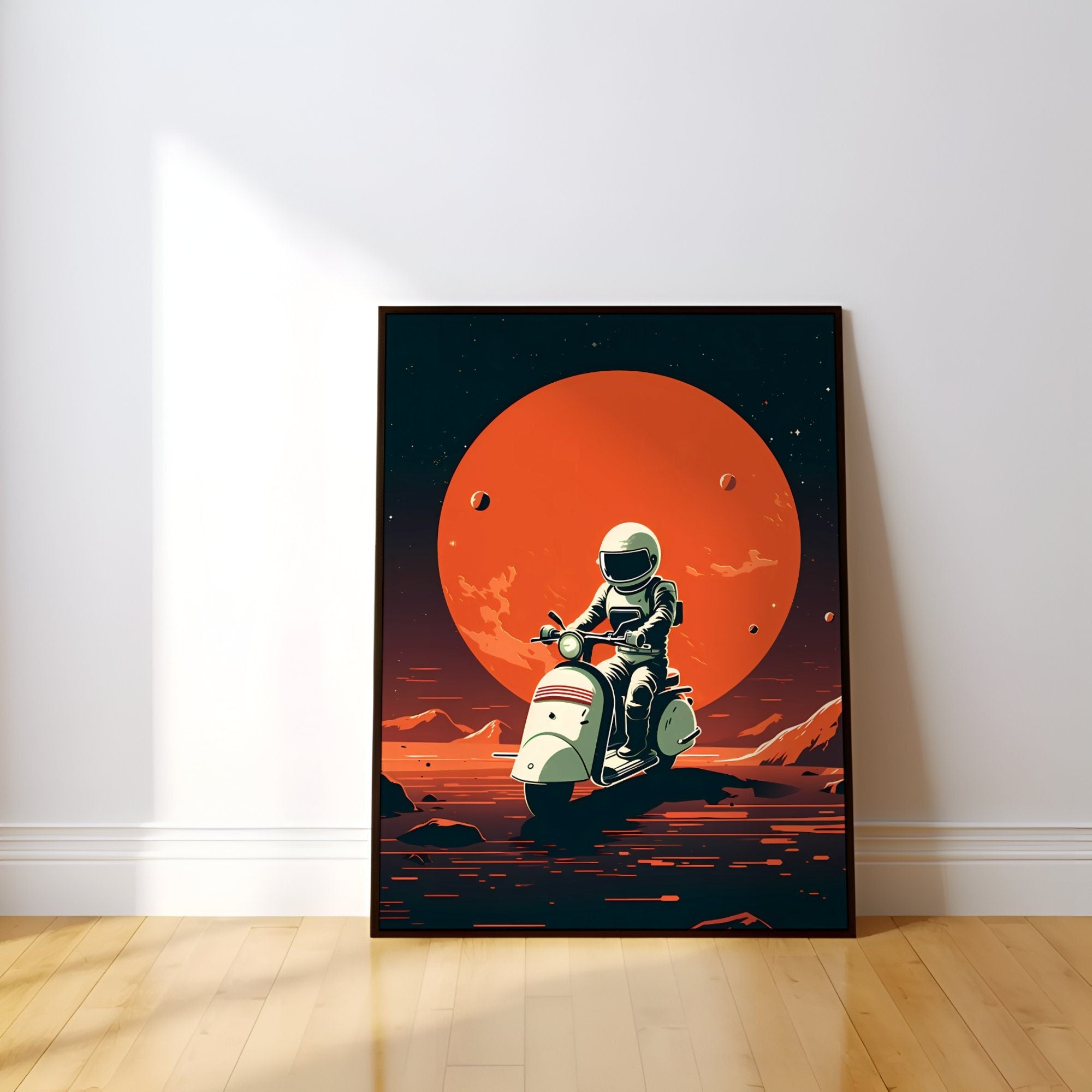 Cosmic Cruise: Astronaut on Vespa Explores Mars - Mid Century Modern Space Adventure, Modern Art, Retro Art, Wall Art, Cosmic Art, Sci Fi