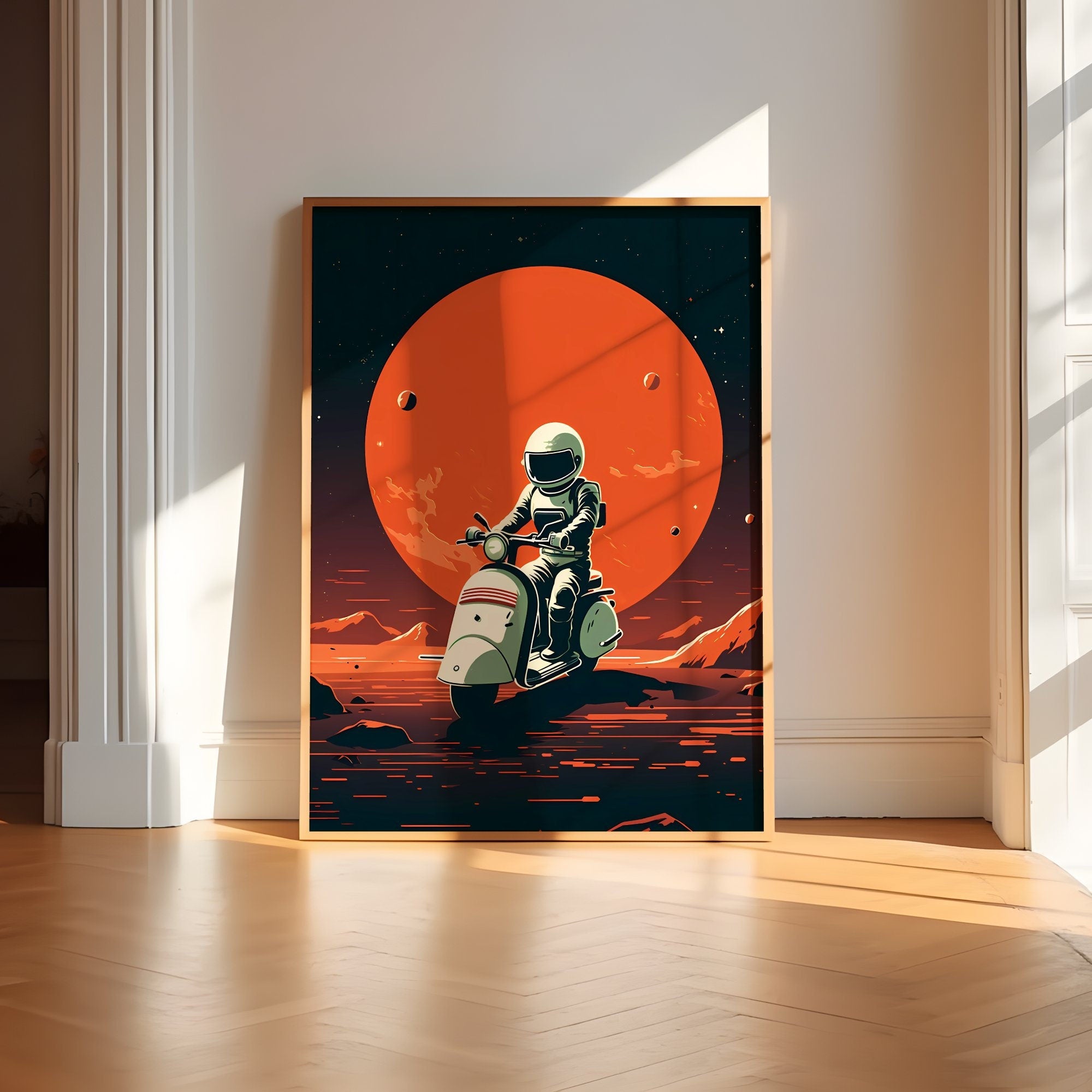 Cosmic Cruise: Astronaut on Vespa Explores Mars - Mid Century Modern Space Adventure, Modern Art, Retro Art, Wall Art, Cosmic Art, Sci Fi