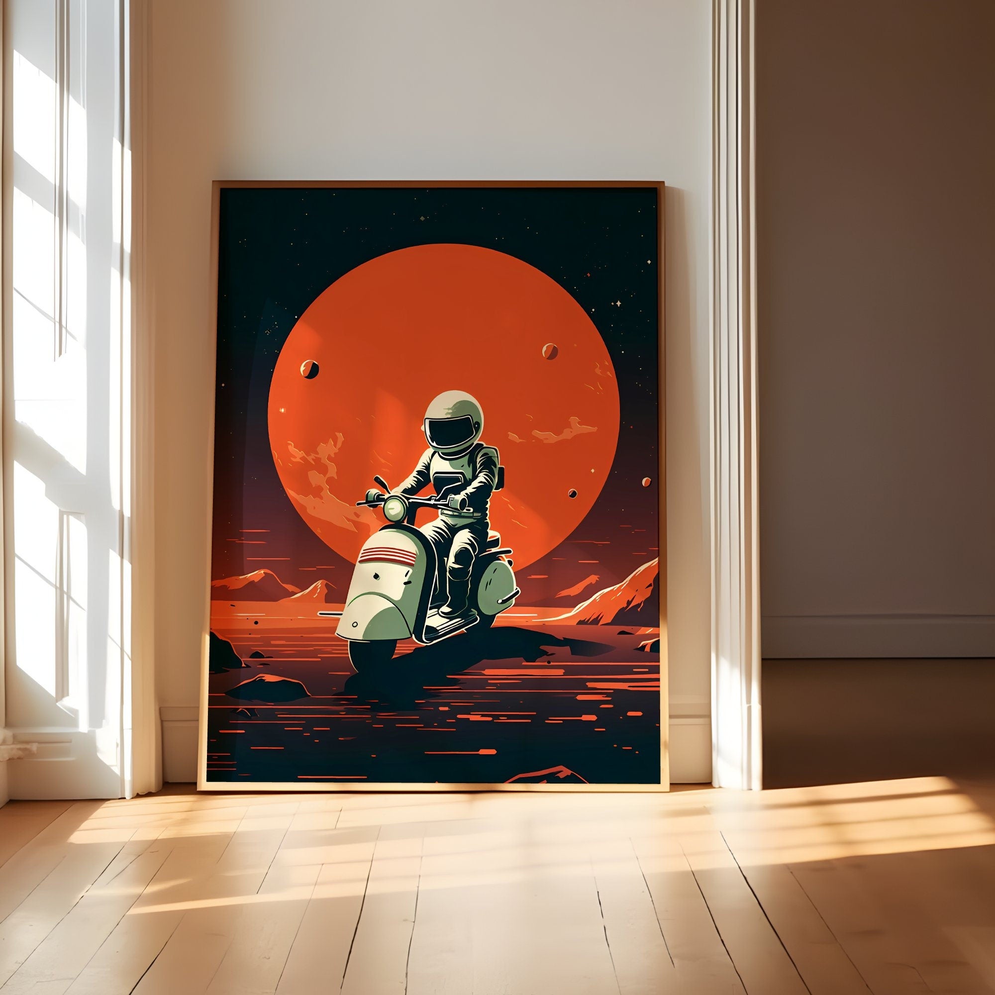 Cosmic Cruise: Astronaut on Vespa Explores Mars - Mid Century Modern Space Adventure, Modern Art, Retro Art, Wall Art, Cosmic Art, Sci Fi