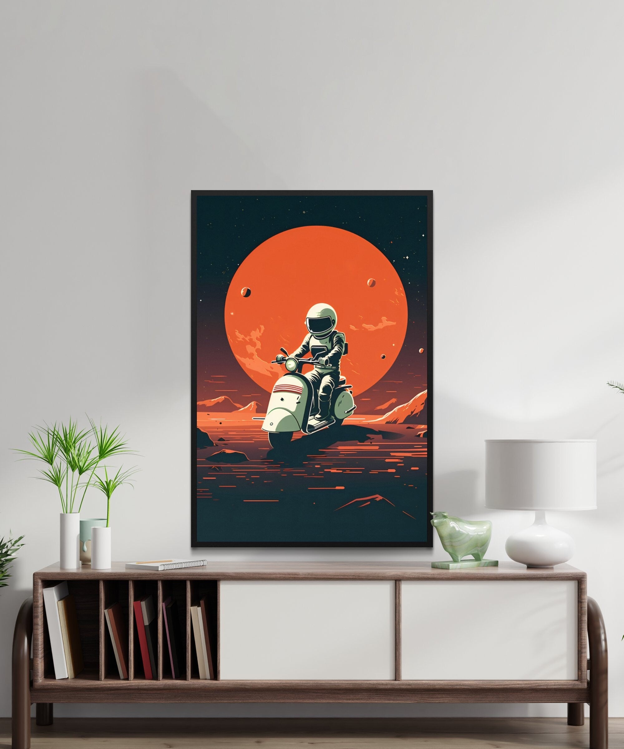 Cosmic Cruise: Astronaut on Vespa Explores Mars - Mid Century Modern Space Adventure, Modern Art, Retro Art, Wall Art, Cosmic Art, Sci Fi