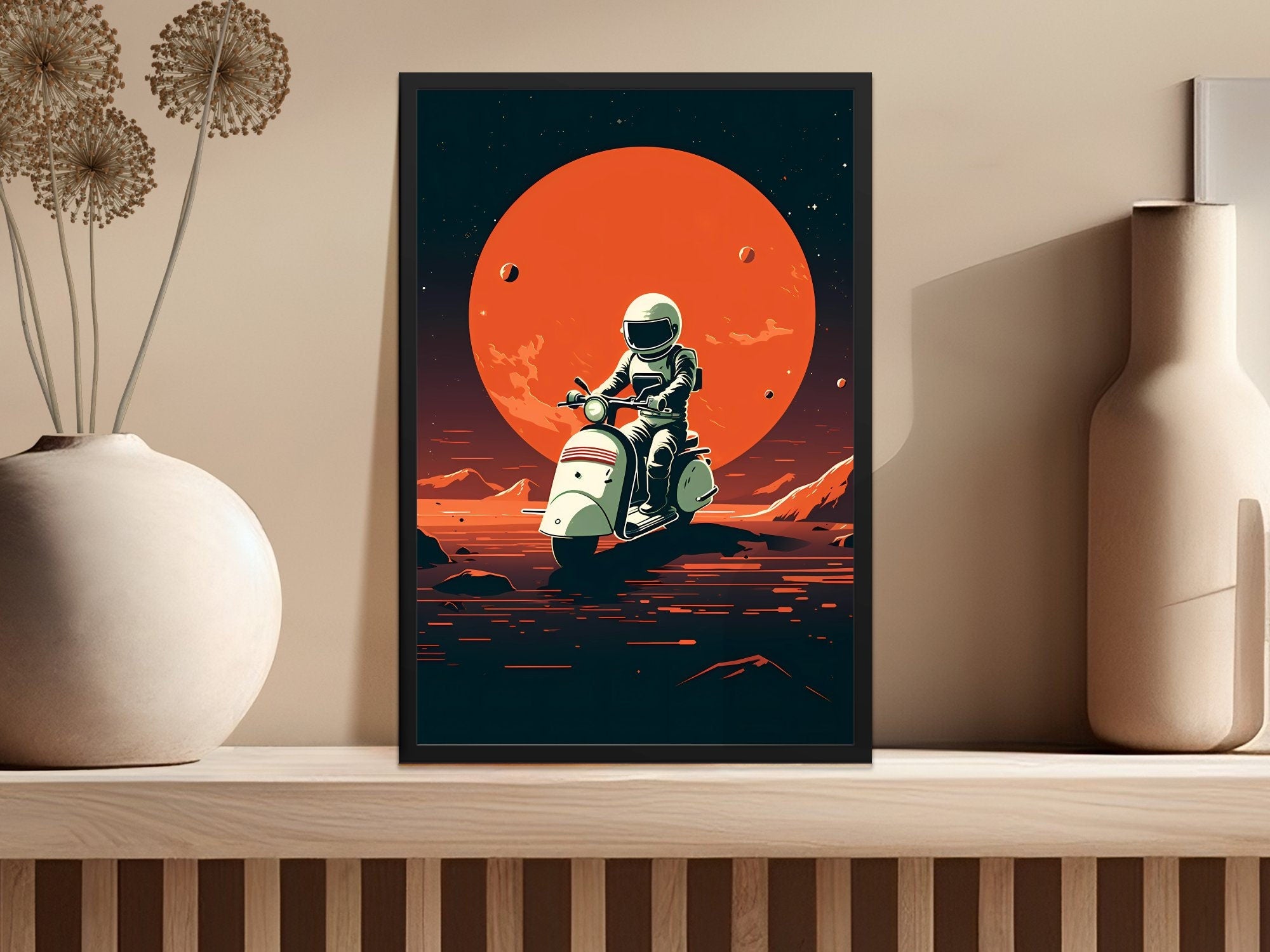 Cosmic Cruise: Astronaut on Vespa Explores Mars - Mid Century Modern Space Adventure, Modern Art, Retro Art, Wall Art, Cosmic Art, Sci Fi