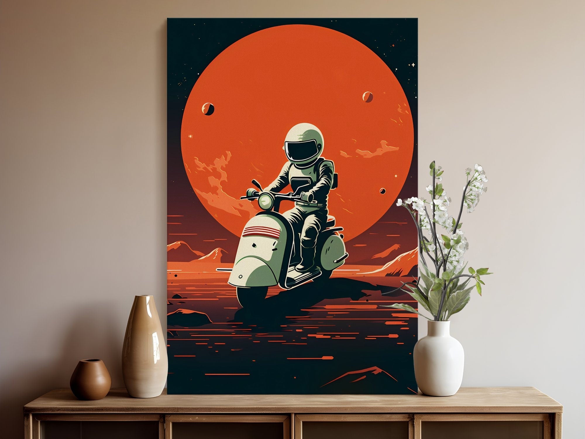 Cosmic Cruise: Astronaut on Vespa Explores Mars - Mid Century Modern Space Adventure, Modern Art, Retro Art, Wall Art, Cosmic Art, Sci Fi