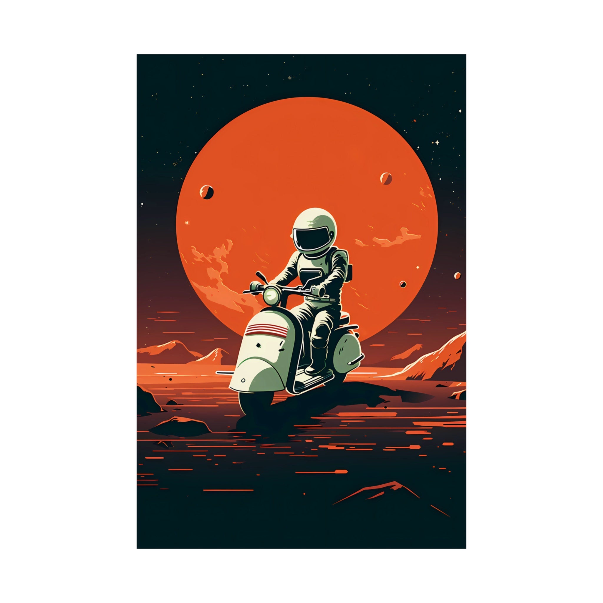 Cosmic Cruise: Astronaut on Vespa Explores Mars - Mid Century Modern Space Adventure, Modern Art, Retro Art, Wall Art, Cosmic Art, Sci Fi