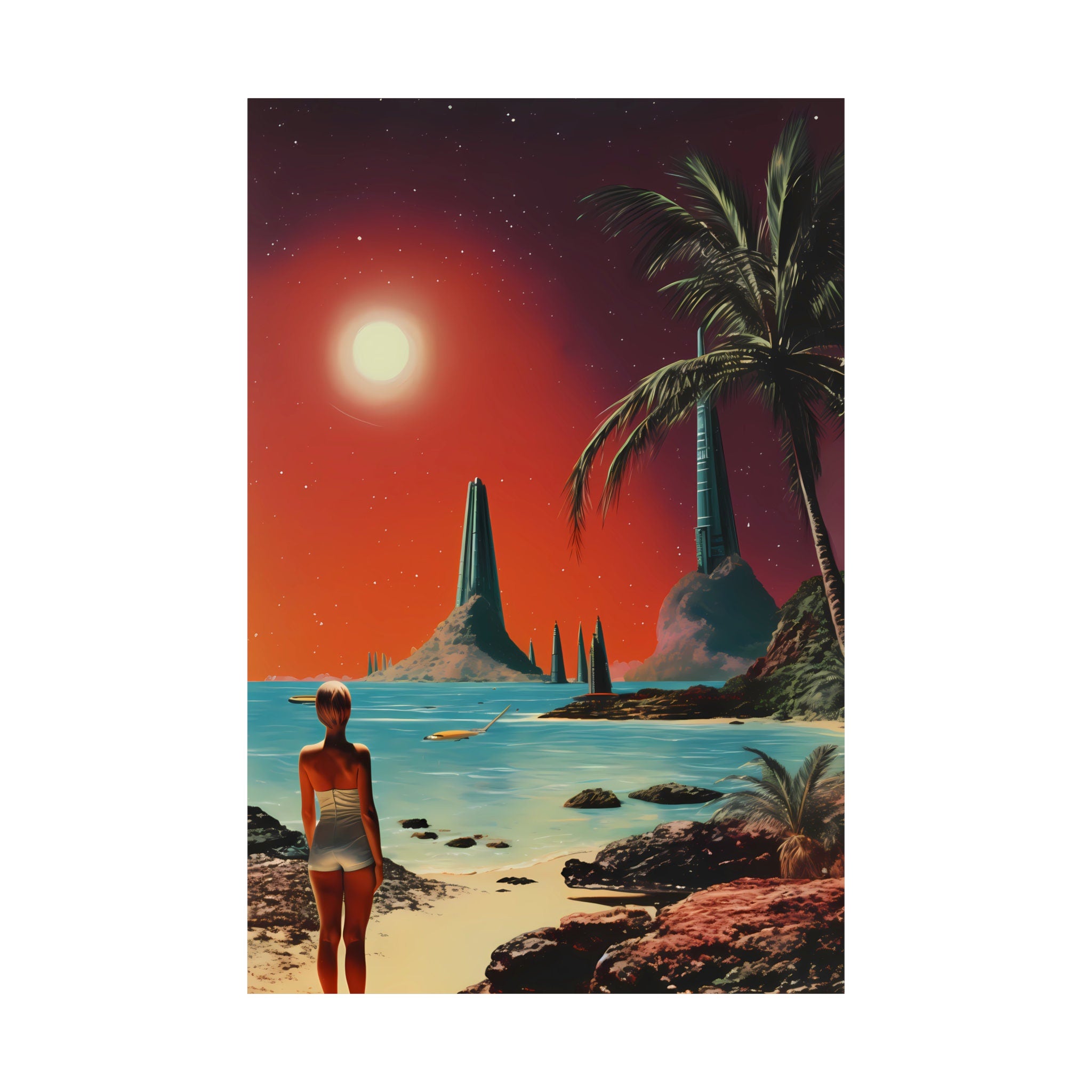 Stellar Sands: A Retro Futuristic Journey to a Cosmic Beach in Vintage Space Collage Art, Modern Art, Retro Art, Wall Art, Cosmic Art