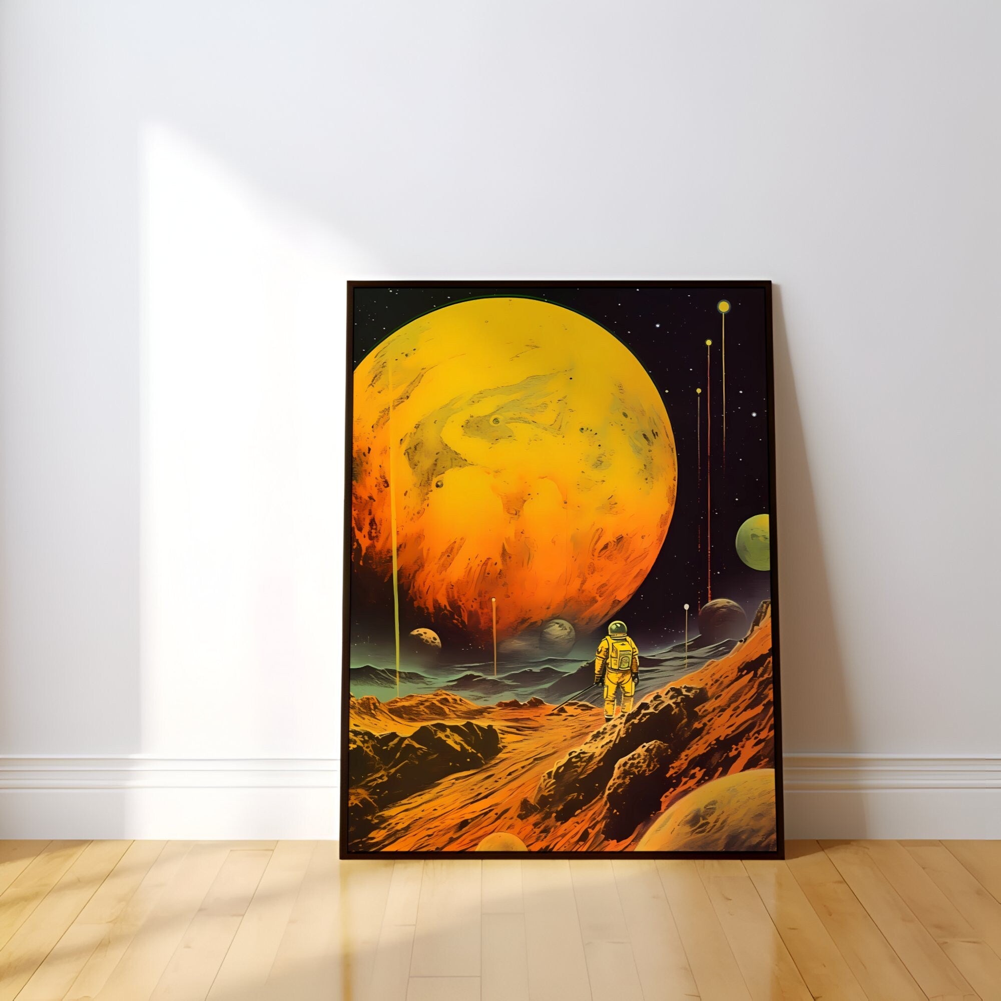 Golden Odyssey: 'Yellow Planet' - A Retro Futuristic Space Adventure with Vintage Astronaut, Modern Art, Retro Art, Wall Art, Cosmic Art