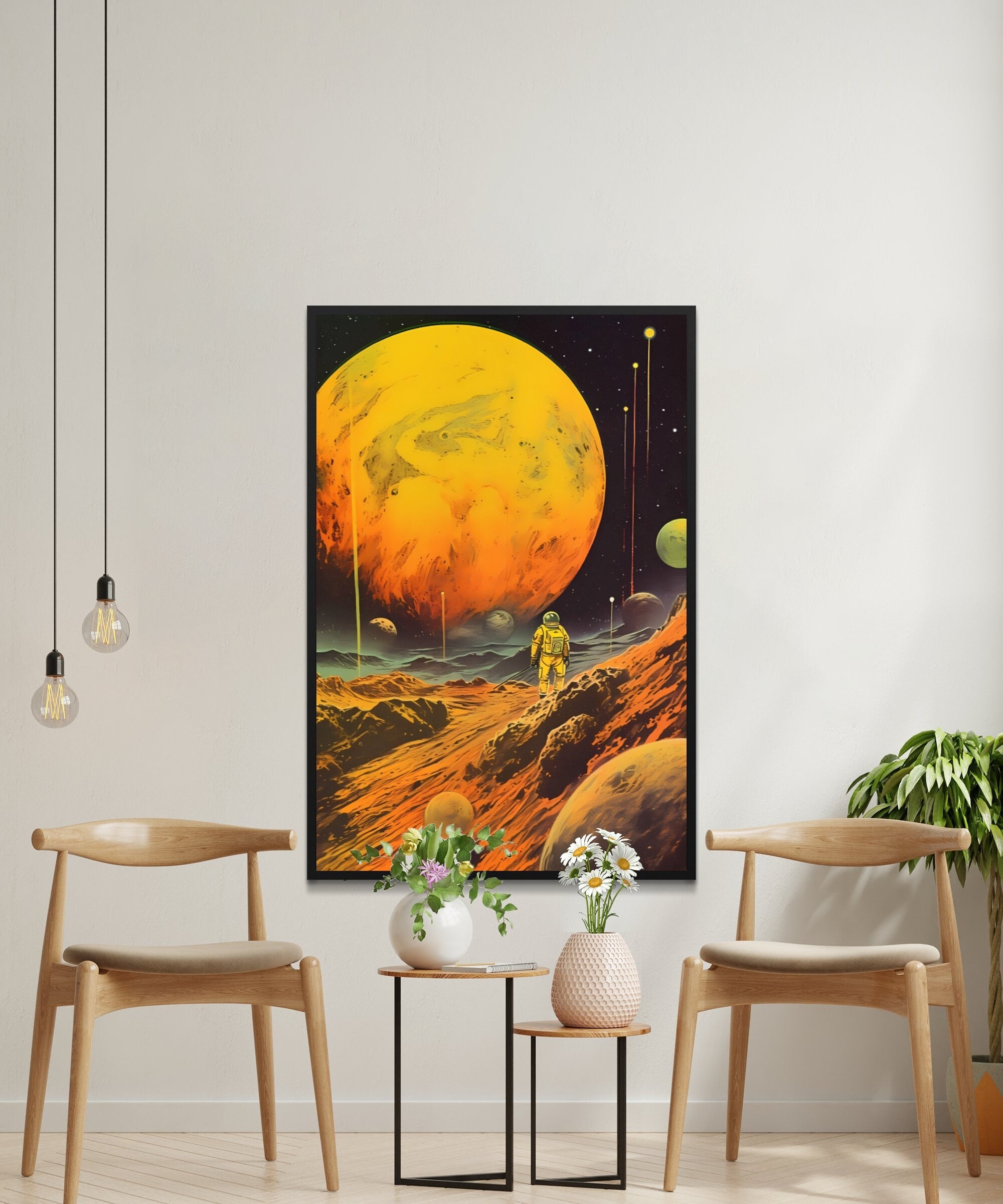 Golden Odyssey: 'Yellow Planet' - A Retro Futuristic Space Adventure with Vintage Astronaut, Modern Art, Retro Art, Wall Art, Cosmic Art