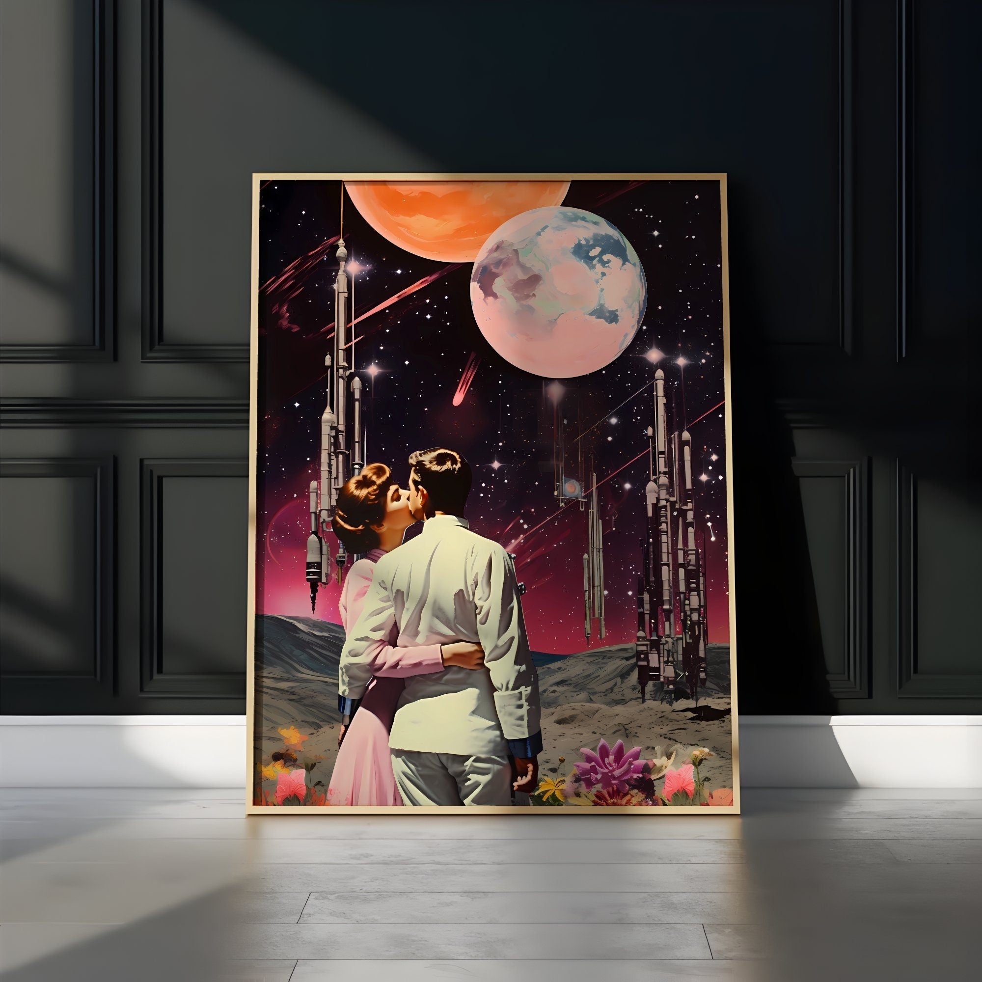 A Cosmic Kiss: Retro Sci-Fi Romance Art | Vintage Space & Otherworldly Wall Decor