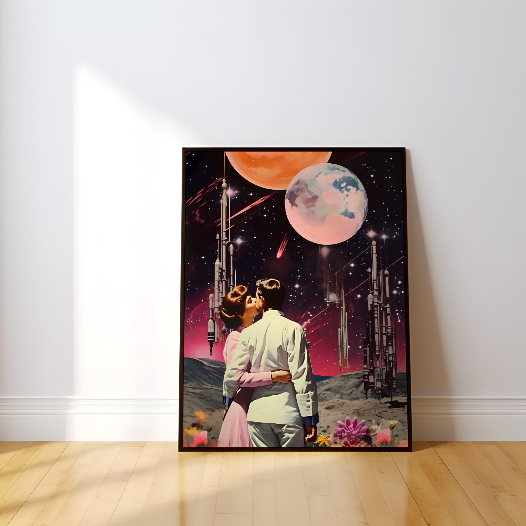 Stellar Embrace: 'A Cosmic Kiss' under a Starry Sky in Vintage Retro Futuristic Art, Modern Art, Retro Art, Wall Art, Cosmic Art, Sci Fi Art