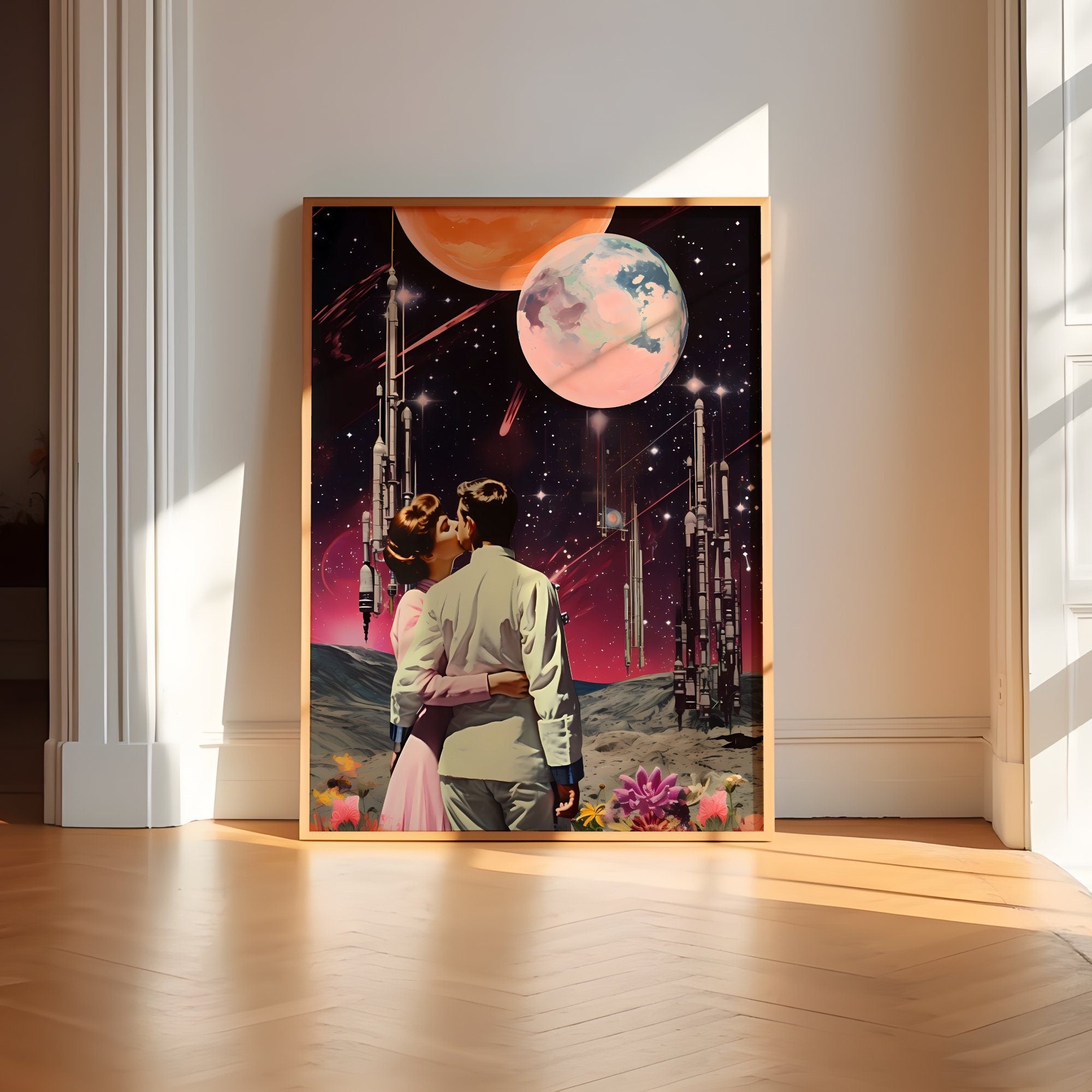 Stellar Embrace: 'A Cosmic Kiss' under a Starry Sky in Vintage Retro Futuristic Art, Modern Art, Retro Art, Wall Art, Cosmic Art, Sci Fi Art