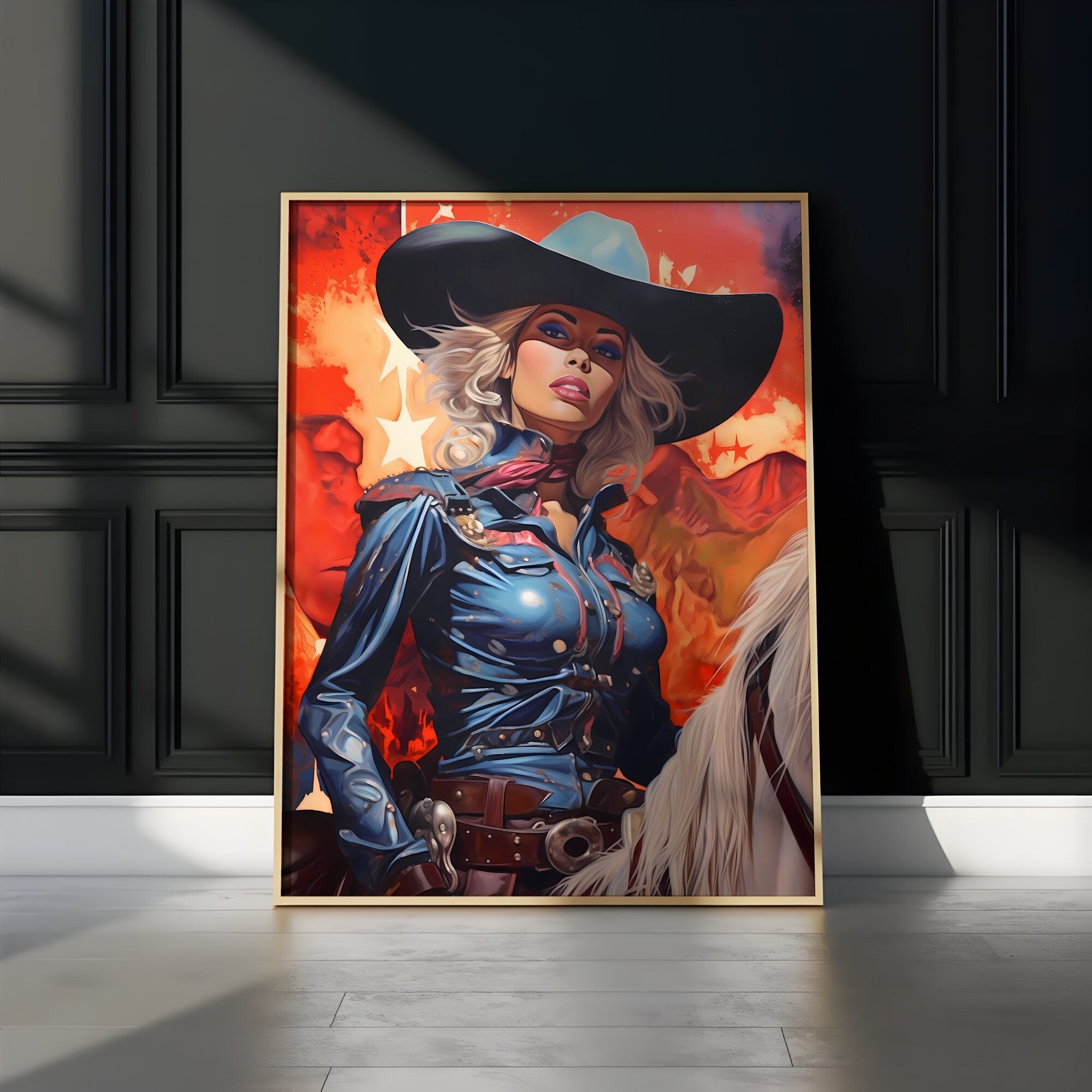 Cosmic Cowgirl: A Surreal Journey in Vintage Western Art with a Retro Space Twist, Modern Art, Retro Art, Wall Art, Cosmic Art, Sci Fi Art