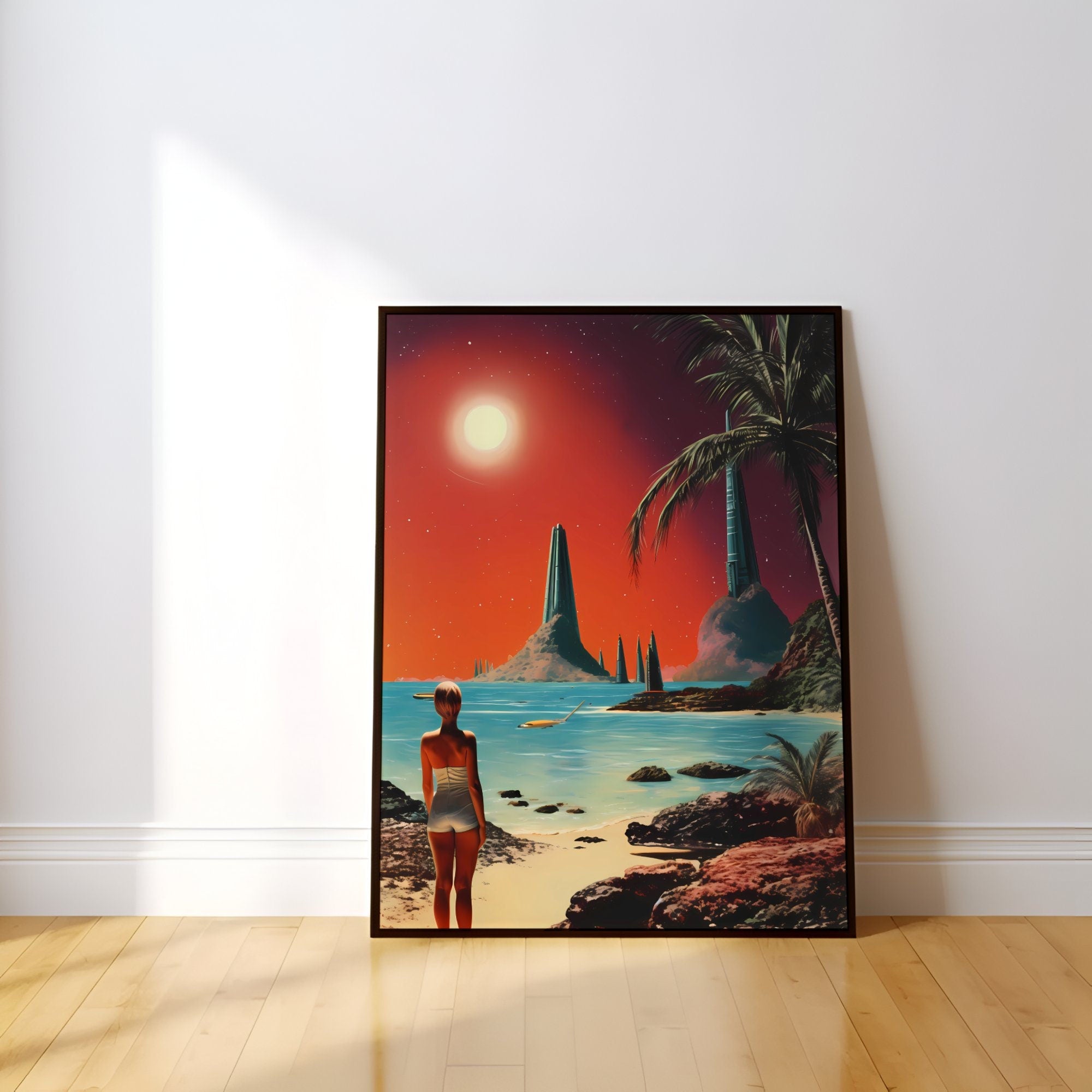 Stellar Sands: A Retro Futuristic Journey to a Cosmic Beach in Vintage Space Collage Art, Modern Art, Retro Art, Wall Art, Cosmic Art