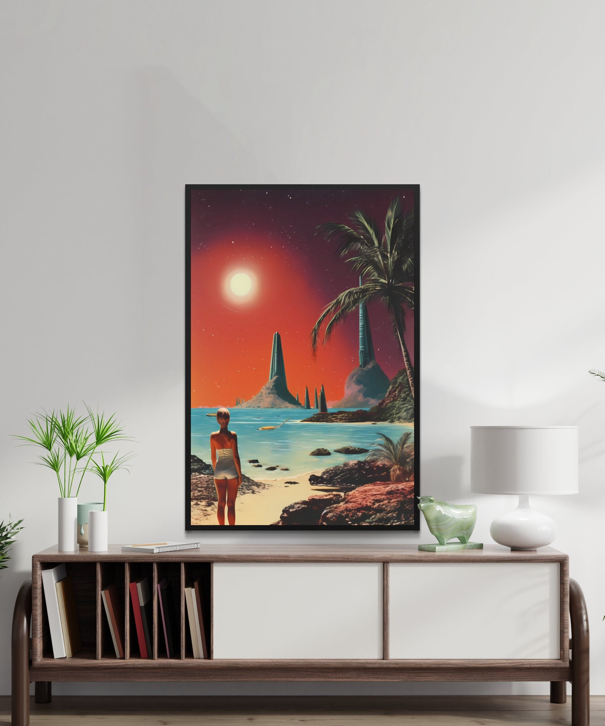 Stellar Sands: A Retro Futuristic Journey to a Cosmic Beach in Vintage Space Collage Art, Modern Art, Retro Art, Wall Art, Cosmic Art