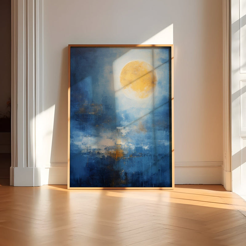 Blue Gold Moon Art - Abstract Celestial Wall Decor | Ethereal Lunar Phase Canvas
