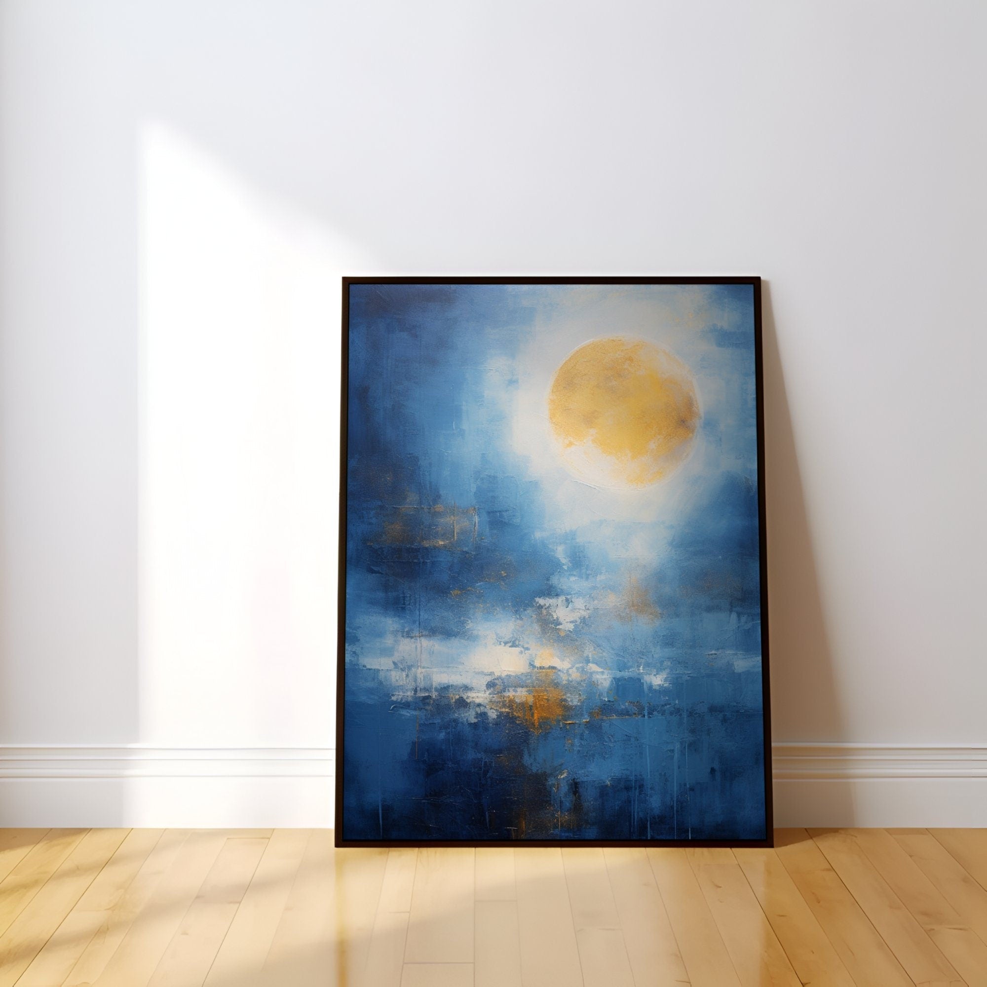 Temporal Reverie: Blue and Gold Moon Art | Abstract & Celestial Wall Decor