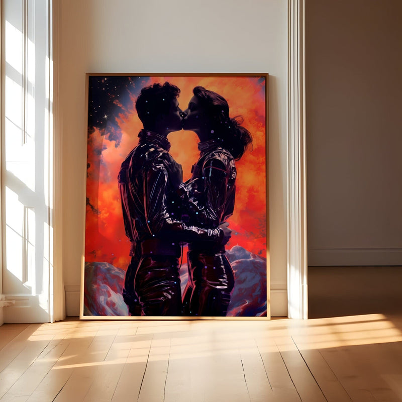 Cosmic Kiss Wall Art – Retro Sci-Fi Comic Explosion Poster | Vintage Space Decor