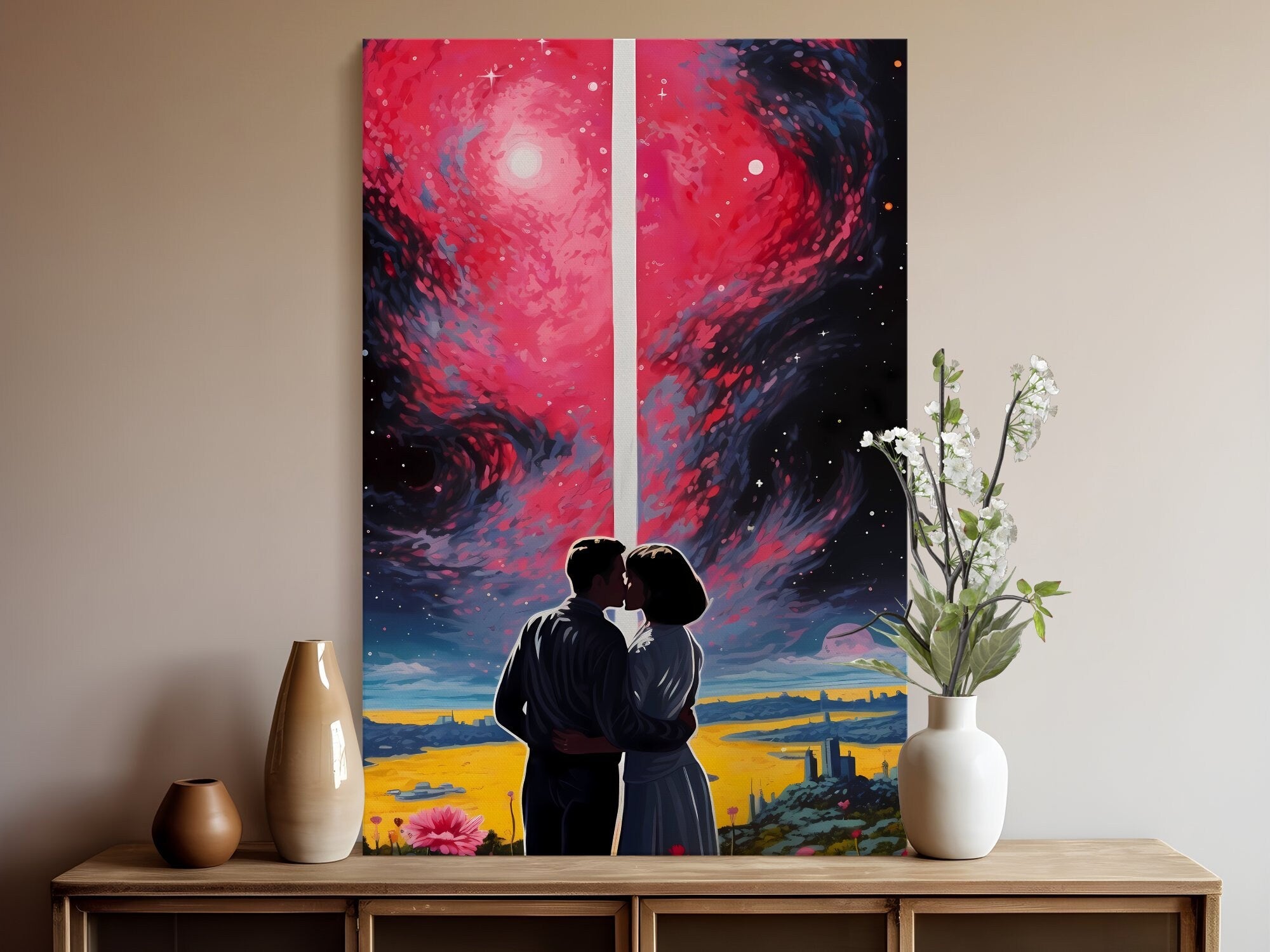 Pink Stars: A Cosmic Kiss Under the Starry Sky - Vintage Sci-Fi Wall Art, Modern Art, Retro Art, Wall Art, Cosmic Art, Sci Fi Art