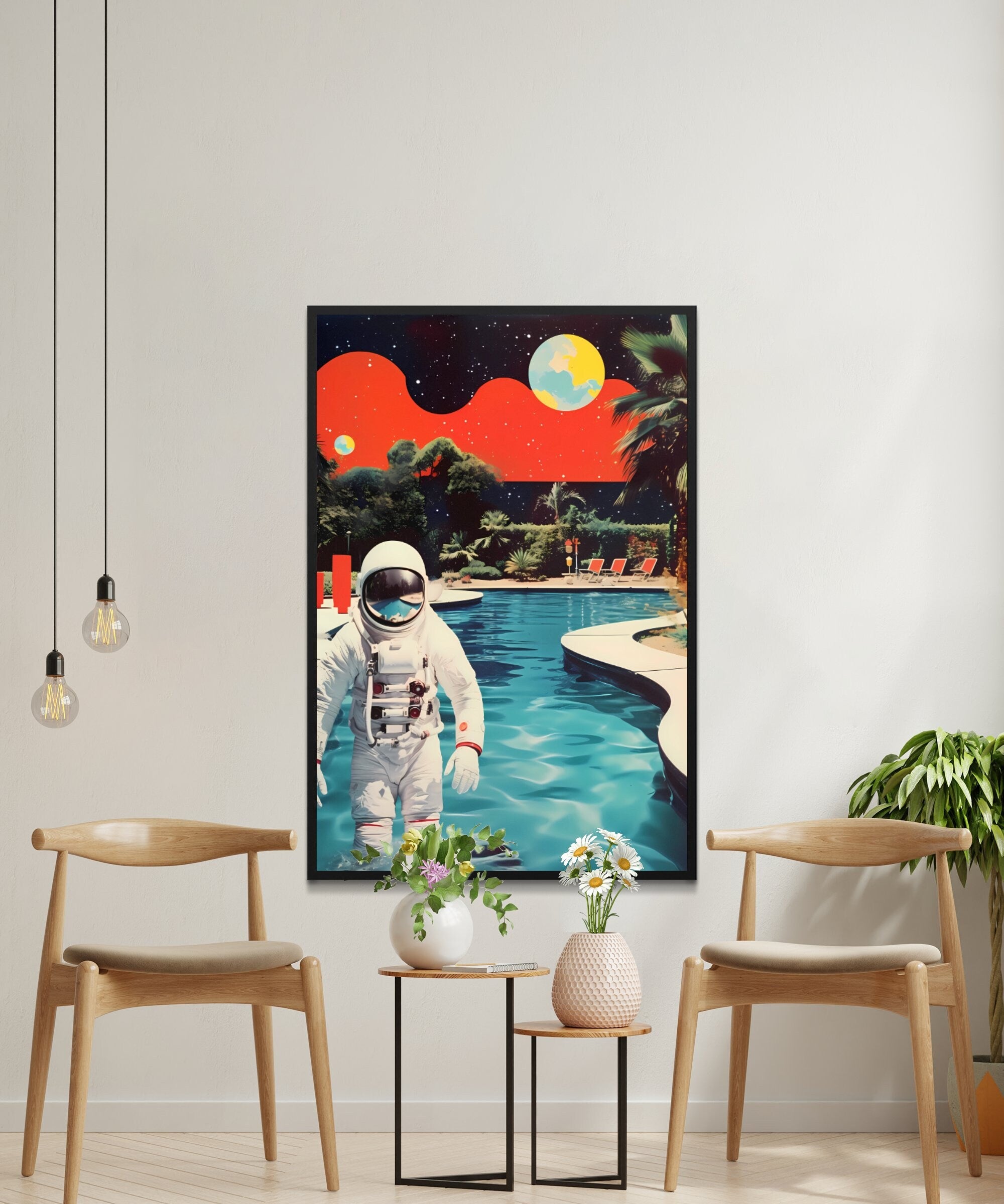 Poolside in the Cosmos Mid-Century Modern Meets Space Adventure in Astronaut Interactive Wall Art