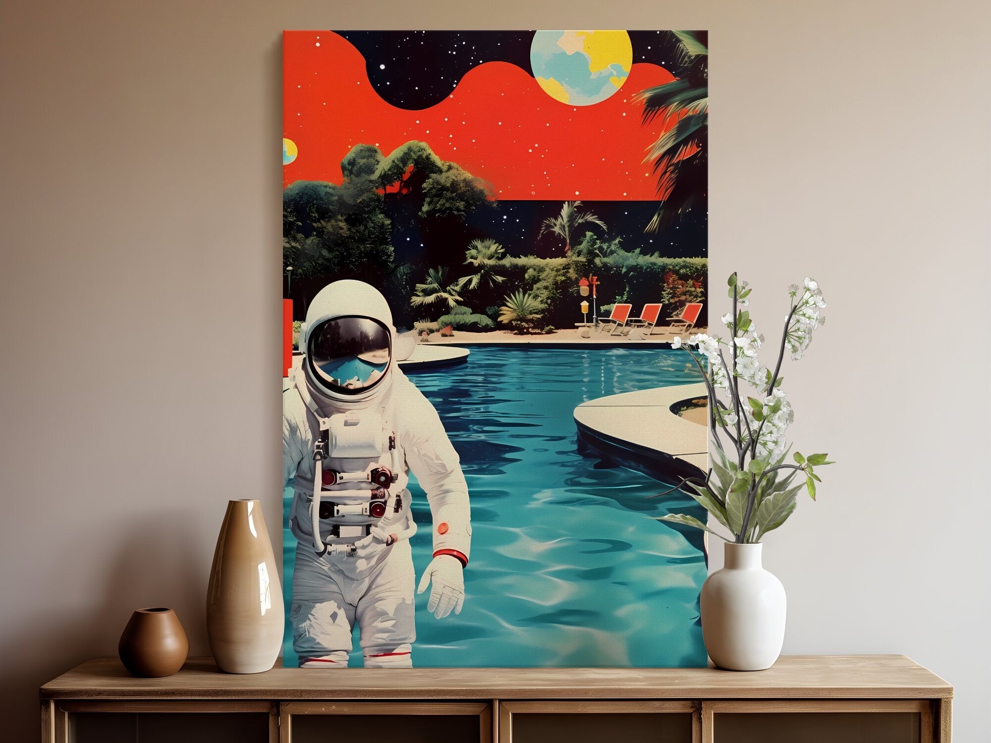 Poolside in the Cosmos Mid-Century Modern Meets Space Adventure in Astronaut Interactive Wall Art