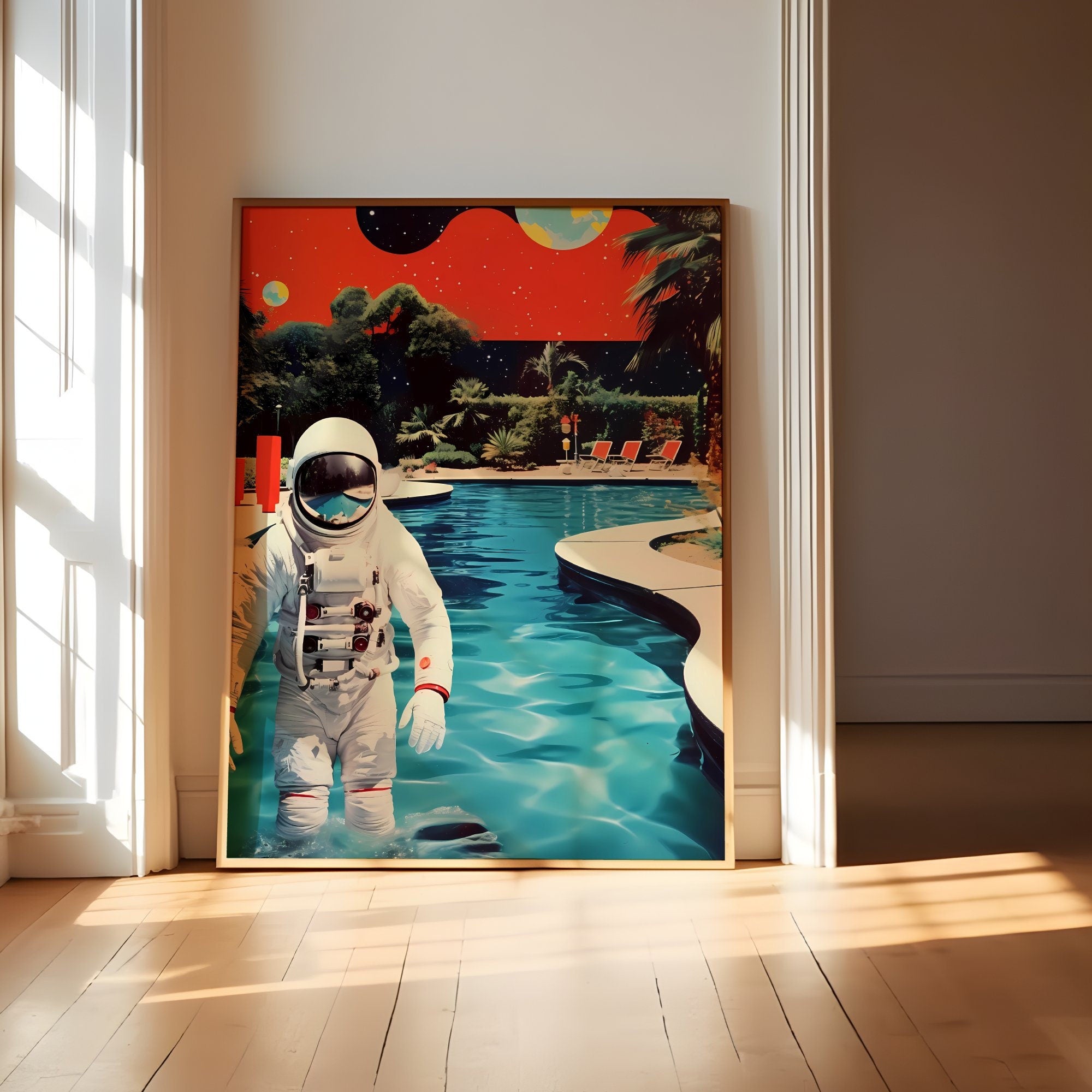 Poolside in the Cosmos Mid-Century Modern Meets Space Adventure in Astronaut Interactive Wall Art