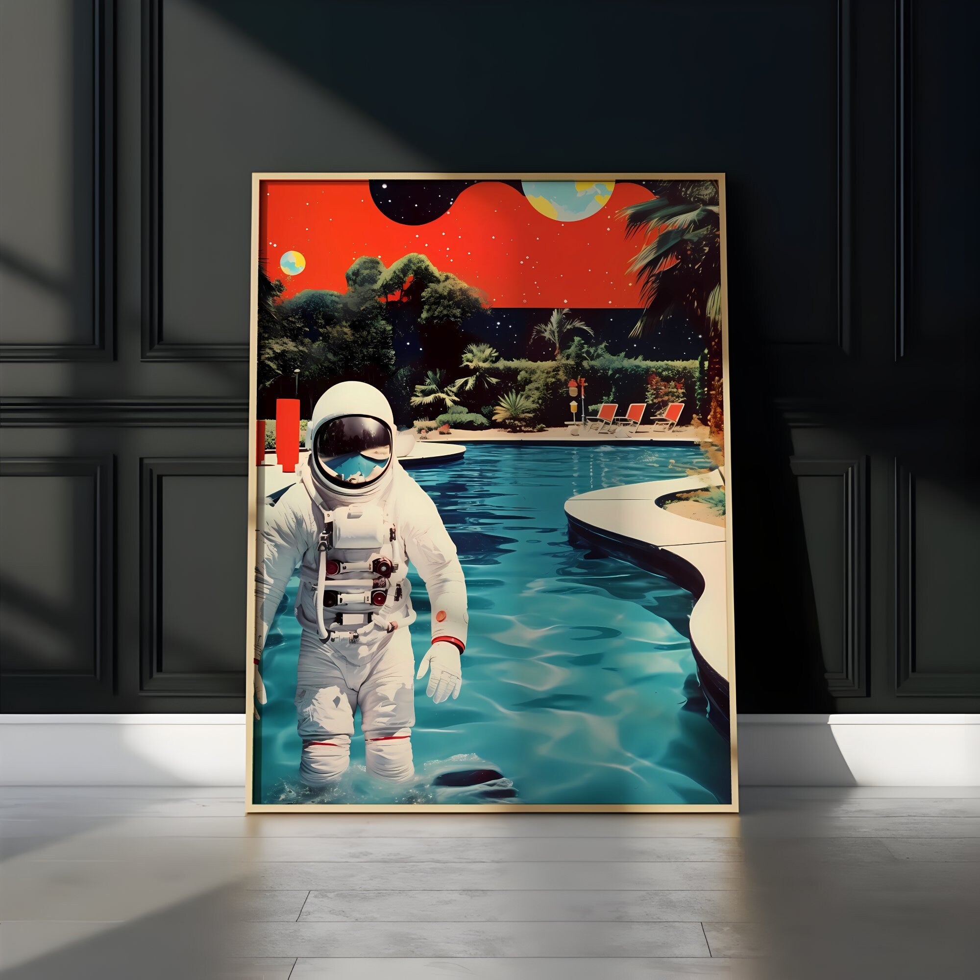 Poolside in the Cosmos Mid-Century Modern Meets Space Adventure in Astronaut Interactive Wall Art