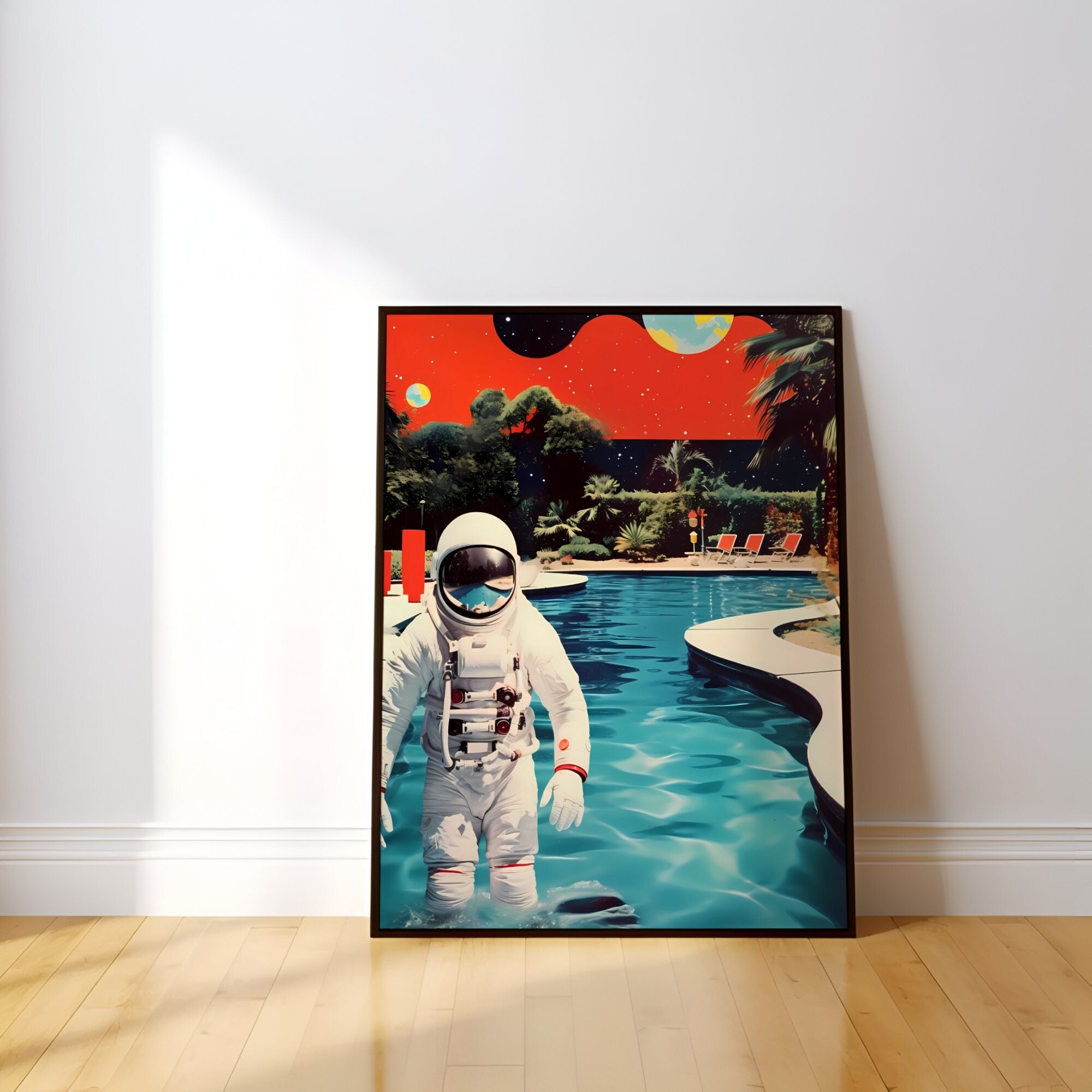 Poolside in the Cosmos Mid-Century Modern Meets Space Adventure in Astronaut Interactive Wall Art