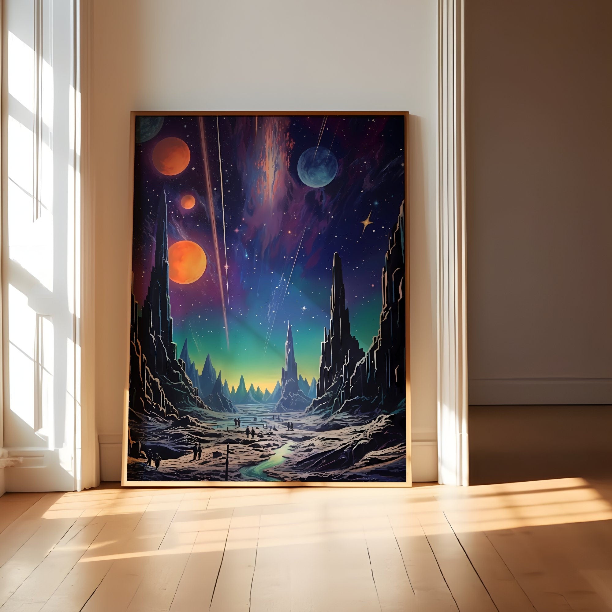 Galactic Echoes Vintage Charm Meets Retro Futuristic Galaxies Interactive Wall Art