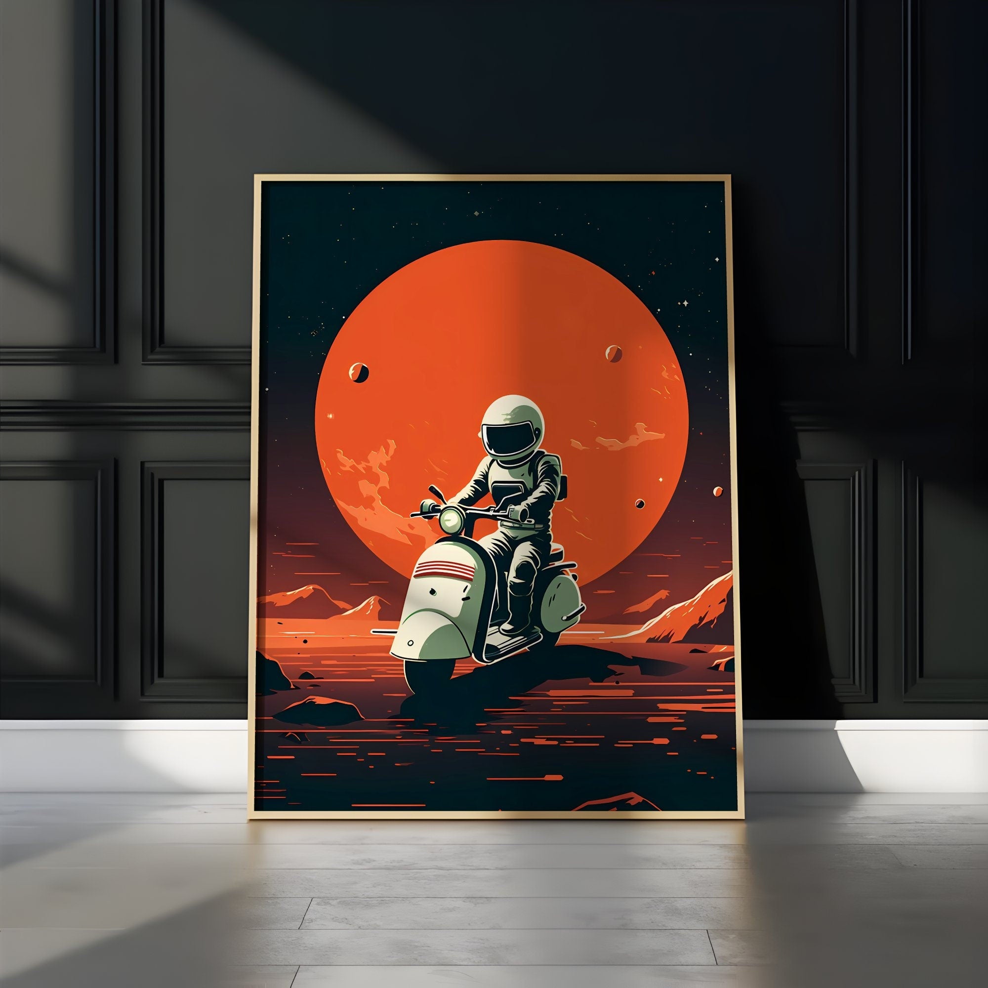 Cosmic Cruise: Astronaut on Vespa Explores Mars - Mid Century Modern Space Adventure, Modern Art, Retro Art, Wall Art, Cosmic Art, Sci Fi