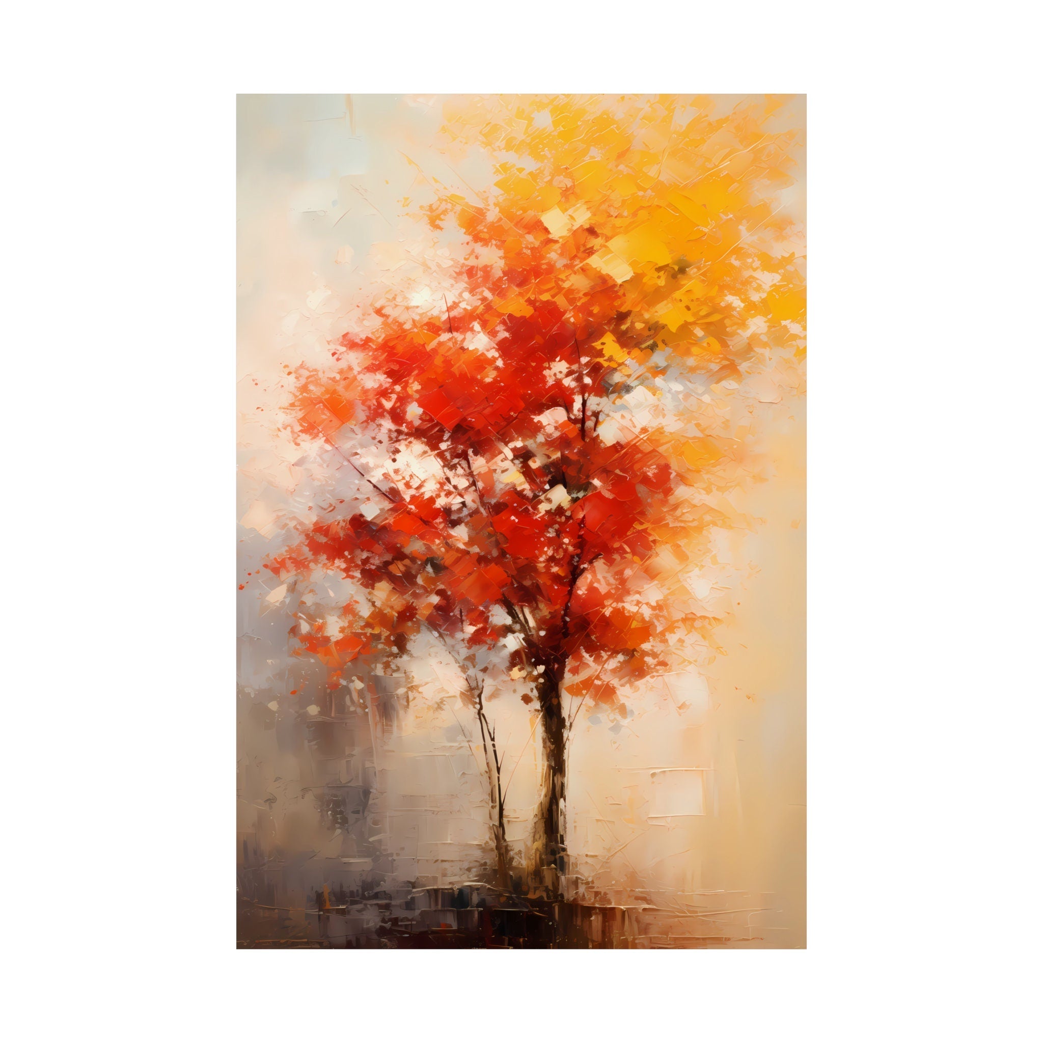 The Autumn Soul: Abstract Impressionist Tree in Red & Gold | Temporal & Vibrant Wall Art