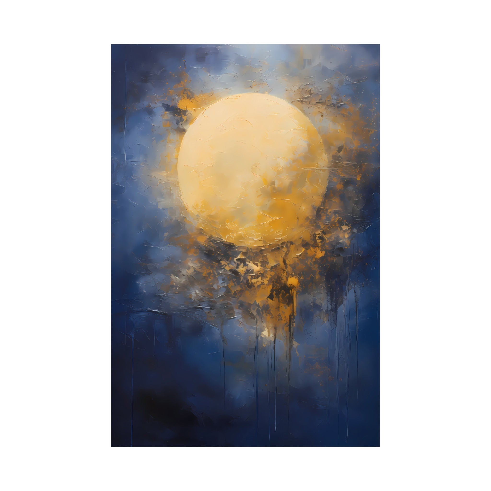 The Celestial Dream: Impressionist Moon in Blue & Gold | Abstract & Timeless Wall Art