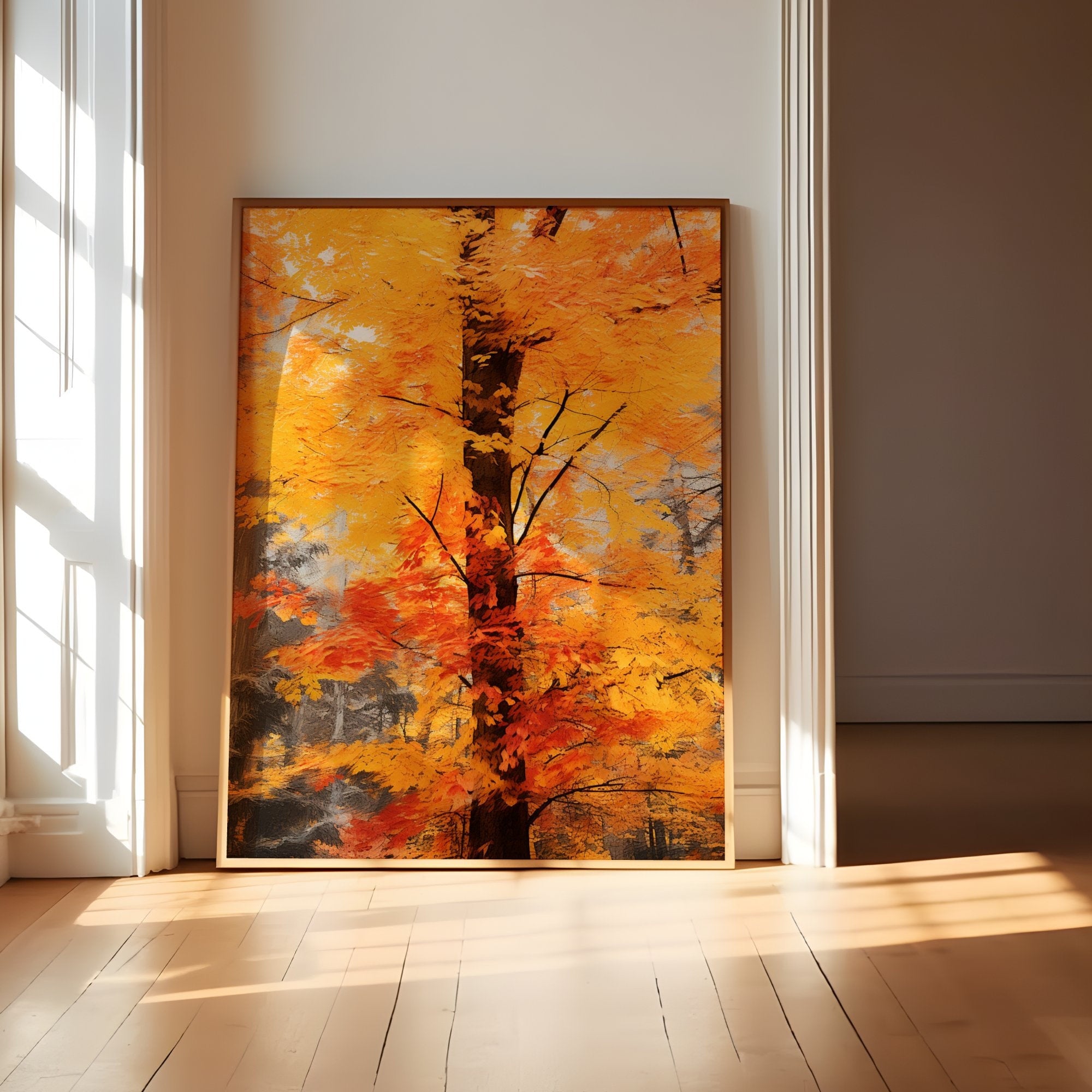 The Autumn Soul: Abstract Impressionist Tree in Red & Gold | Temporal & Vibrant Wall Art